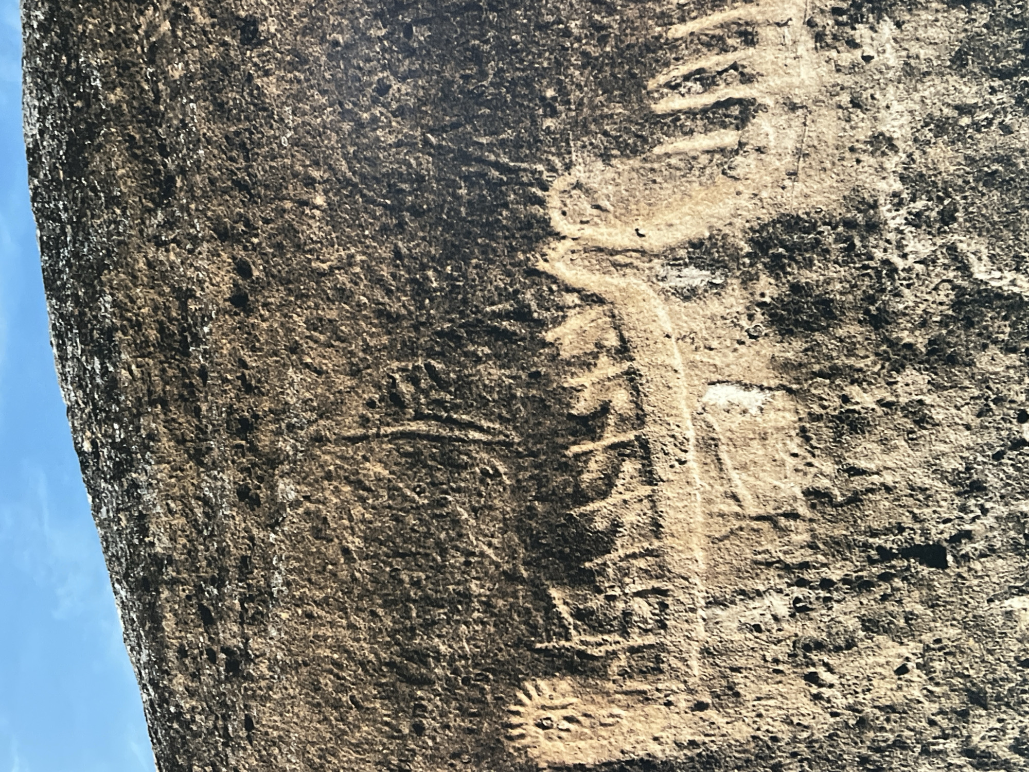 The image shows petroglyphs carved into a rock face, set against a bright blue sky. The petroglyphs depict a scene with several figures. On the left, there is a circular symbol resembling a sun with rays. To its right, a procession of figures appears to be moving, with a long, elongated shape in the center that could represent a boat or a large animal. Further to the right, there are more upright figures and what looks like an animal's head. The rock surface is rough and textured, with variations in color from light brown to dark gray. The overall impression is of ancient art etched into a natural stone surface in an outdoor environment. This location is part of the Gobustan National Park in Sabail Raion, Azerbaijan, known for its vast collection of rock carvings.