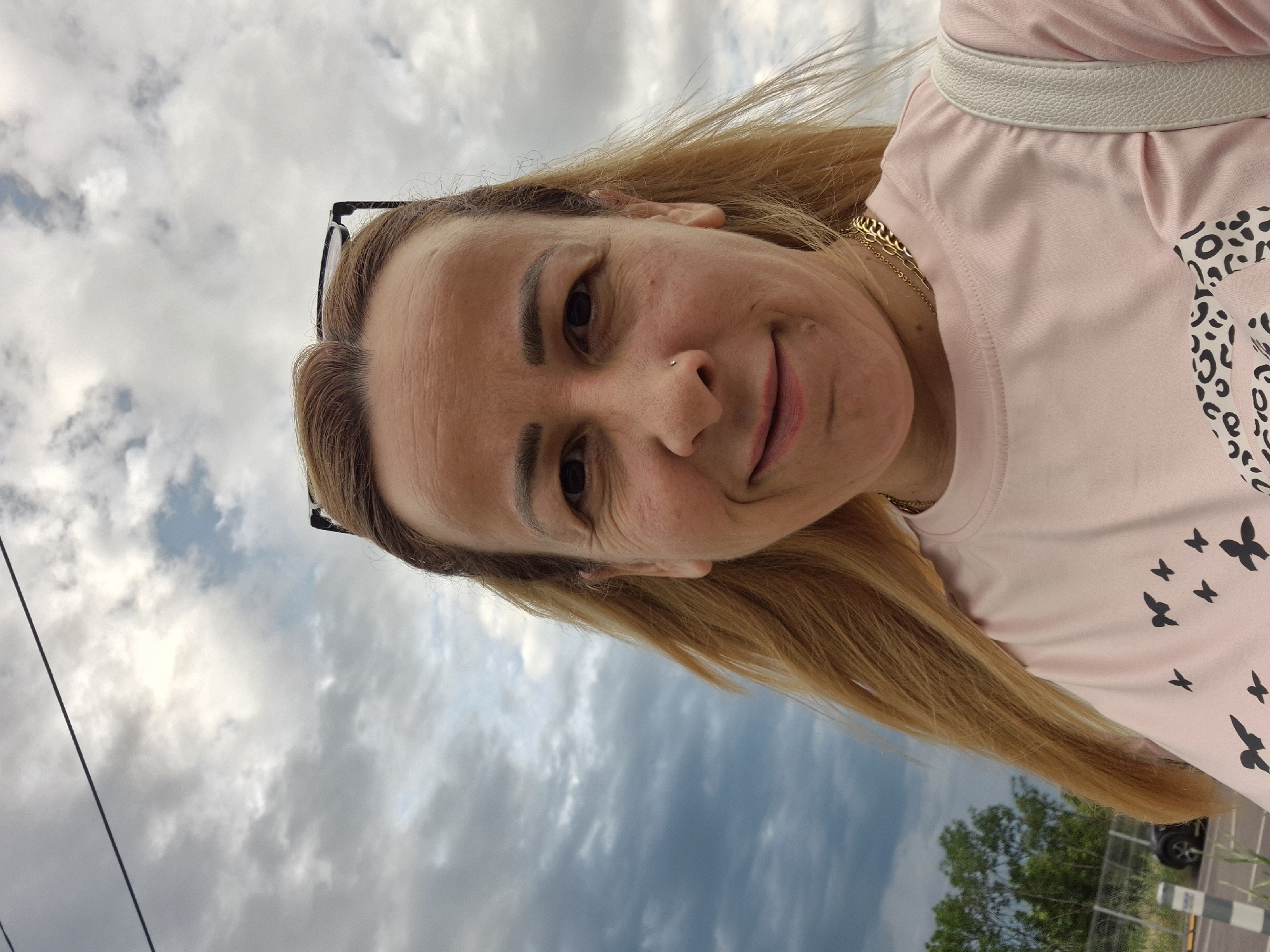 The media file displays an outdoor, waist-up portrait of an adult woman taken from a slightly low angle, set against a cloudy sky. The woman has long, light brown or blonde hair, styled away from her face, and is wearing glasses pushed up onto her forehead. She has a subtle smile and a small silver stud piercing on her nose. Her dark eyes are looking directly at the viewer.
She is wearing a light pink short-sleeved t-shirt with distinctive black patterns: a leopard print design is visible on the left shoulder and chest area, while several smaller, silhouetted butterfly or bird figures adorn the right side of her shirt. A gold chain necklace is visible around her neck, and a white, textured strap from what appears to be a shoulder bag or backpack is slung over her right shoulder.
The background primarily features a cloudy sky, with varying shades of gray and some hints of blue visible through the clouds. In the lower right corner, lush green trees are visible, along with a partial view of a dark-colored vehicle and a fence or barrier. Black electrical wires or cables traverse the upper left portion of the frame against the sky. The lighting suggests it is daytime. There is no discernible text visible in the image.