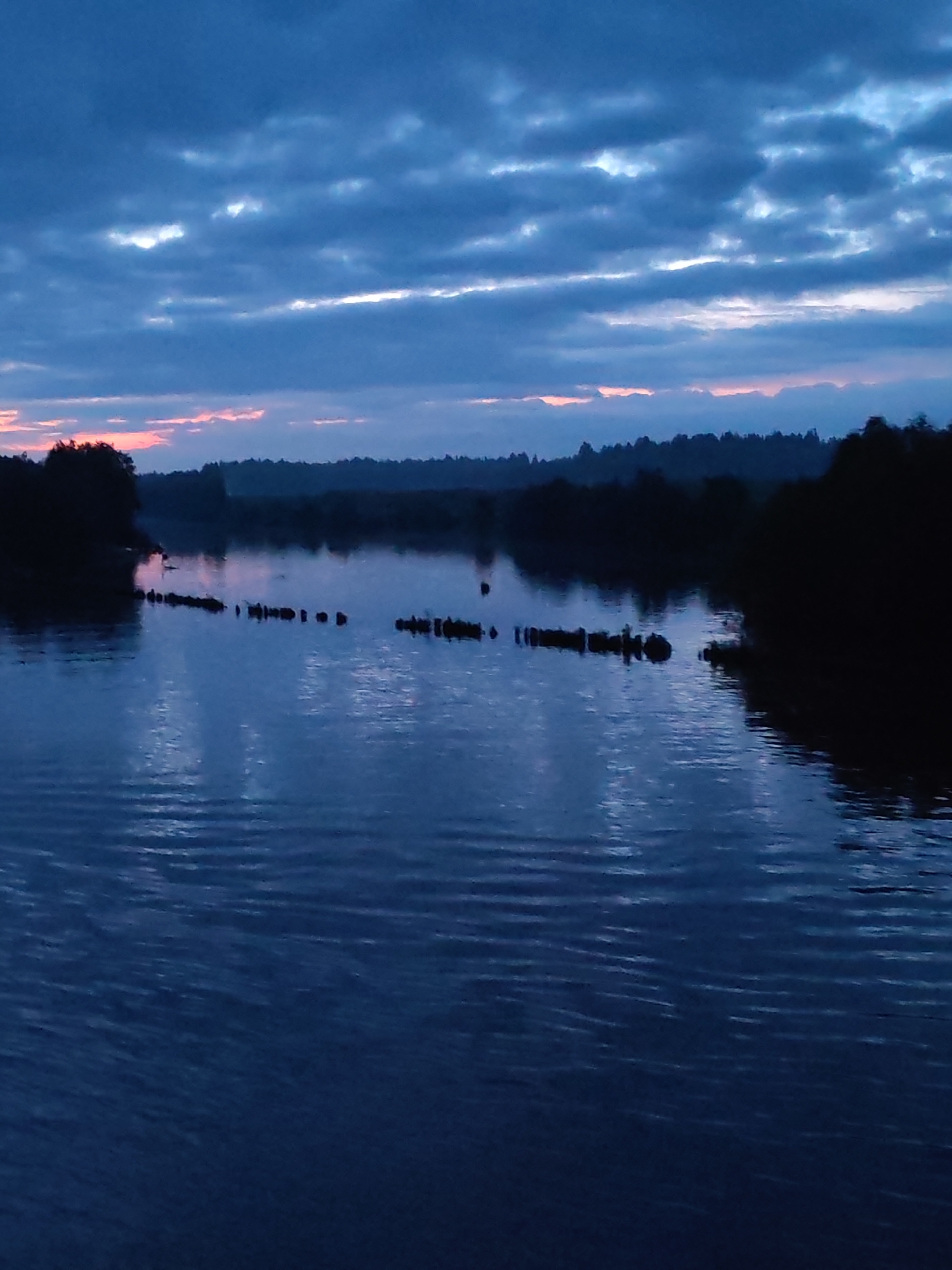 The image depicts a serene body of water, likely a river, at dusk or dawn. The sky is a deep blue, with scattered, wispy clouds tinged with faint pink and orange hues near the horizon, suggesting the last or first light of the day. Silhouetted trees and a dense forest line the far bank, creating a dark, undulating treeline against the fading sky. In the foreground, the water is calm, with gentle ripples creating reflections of the sky and the dark landscape. A series of wooden posts or pilings emerge from the water in a line across the middle ground, partially submerged and casting shadows on the water's surface. The overall atmosphere is tranquil and natural, indicative of a rural or wilderness setting. The location in Annensky Most, Russia, implies a natural landscape within or near this geographical area. There are no people visible in the image.