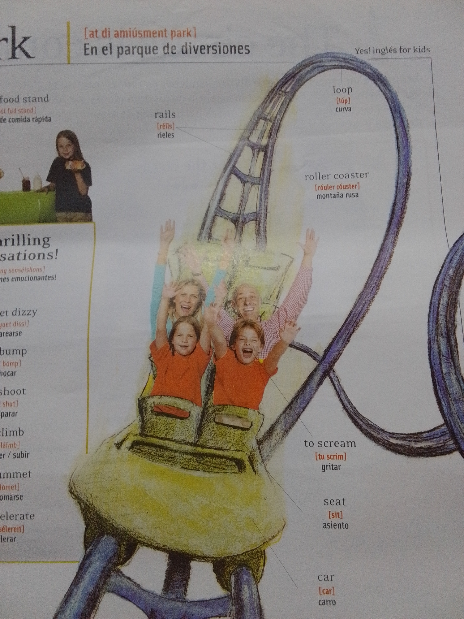 The image displays an illustration of a roller coaster, a popular amusement park ride. The illustration is accompanied by labels in English and Spanish, suggesting an educational context, possibly for language learning. The text at the top indicates "amusement park" and "parque de diversiones." The roller coaster itself is depicted with its tracks curving upwards and downwards, and a car with four passengers, two adults and two children, is shown riding on it. The passengers are smiling and have their arms raised, indicating enjoyment. The drawing style is somewhat whimsical and colorful.
There is no information within the image that provides any details about the city of La Tagua, Venezuela, or its relation to this illustration. Therefore, it is impossible to include that information in the description.
