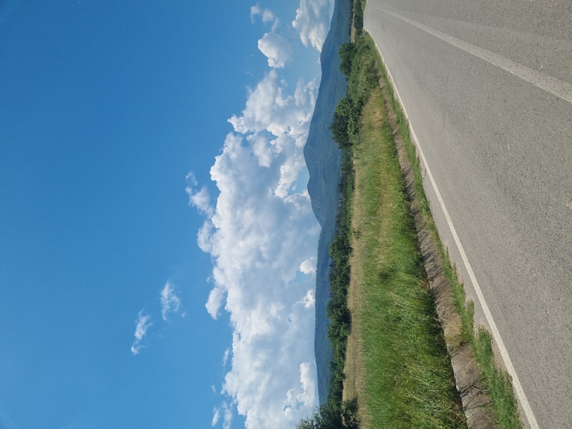 This is a vertical, medium-angle, outdoor, daylight photograph taken in Dabravka, Bulgaria. The image captures a scenic view of a rural landscape under a bright blue sky dotted with fluffy white clouds. In the foreground, a grey asphalt road curves gently from the lower right towards the center of the frame. A white line marks the center of the road. To the left of the road, a roadside ditch is visible, filled with green grass and some dry vegetation. Beyond the ditch, a field of tall, lush green and yellowish grass stretches across the mid-ground. In the background, a range of dark green, forested mountains rises against the sky. The overall scene conveys a sense of tranquility and natural beauty.