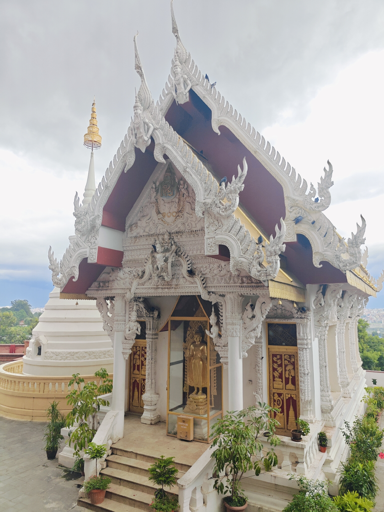 This is a medium shot, eye-level, exterior view of a white Buddhist temple with ornate decorative carvings and a multi-tiered roof. A golden stupa is visible in the background, to the left of the temple. The temple features a large, golden Buddha statue behind a glass enclosure, positioned in front of an intricately carved red and gold door. The entrance is approached by a set of stairs lined with potted plants. The temple is situated in the city of Kirtipur, Nepal, with a cityscape visible in the distance. The sky is overcast with clouds. Pigeons are perched on the temple's roof.