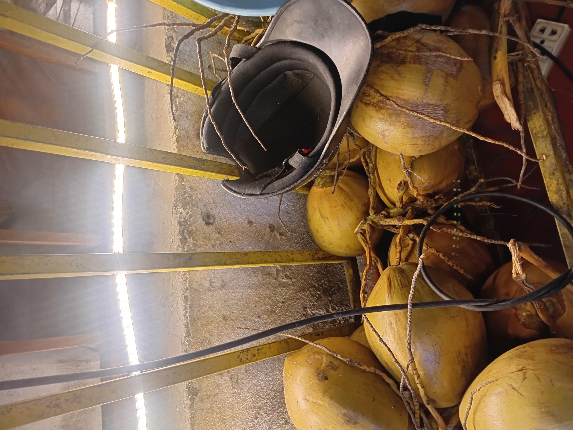 A black helmet rests on a pile of coconuts, supported by yellow metal bars. The scene is illuminated by white LED strip lights, casting a bright glow. The background appears to be a concrete wall with some texture. A black cable is visible, coiled around some of the coconuts. This scene is located on a street vendor stall in Da Nang, Vietnam, a city known for its vibrant street food culture and bustling markets.