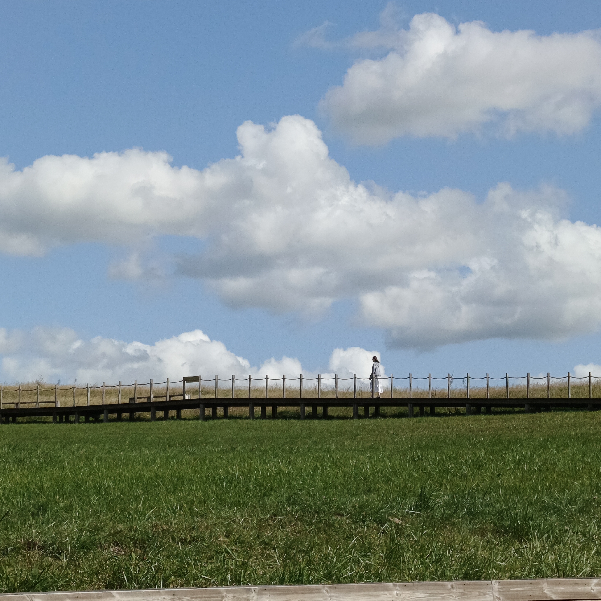 The image shows a person walking on a wooden boardwalk in a grassy field under a partly cloudy sky. The boardwalk has vertical posts and is strung with rope. The person, seen from the side, is wearing a light-colored hooded outfit. The field is covered in green grass, with some dry vegetation visible near the boardwalk. The sky is blue with large, white, puffy clouds. The location is not Verkhnie Termy, Russia; this image appears to be taken in a natural outdoor setting with a boardwalk and grassland.