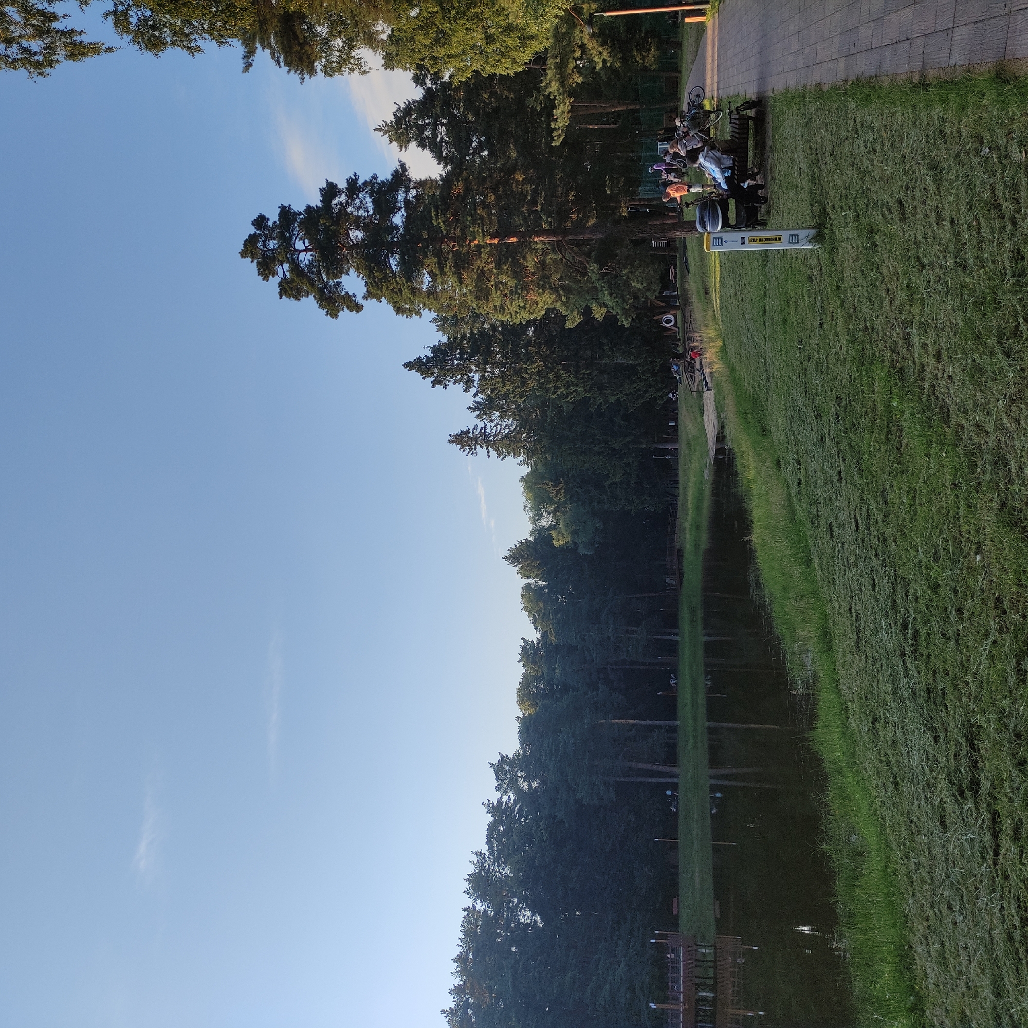 The image shows a serene park scene in Il'inskiy, Russia, with a calm lake reflecting the surrounding tall pine trees and a clear blue sky. A grassy embankment slopes down to the water's edge, with recently cut grass clippings visible. On the right side of the image, a paved walkway runs alongside the grassy area, bordered by trees. Several people are visible in the park, some sitting on a bench near the walkway, while others are seen in the distance near the lake. Bicycles are parked near the bench, suggesting recreational activity. A wooden pier extends into the lake on the left side of the image. The overall atmosphere is peaceful and suggests a pleasant day in a natural setting within the city.