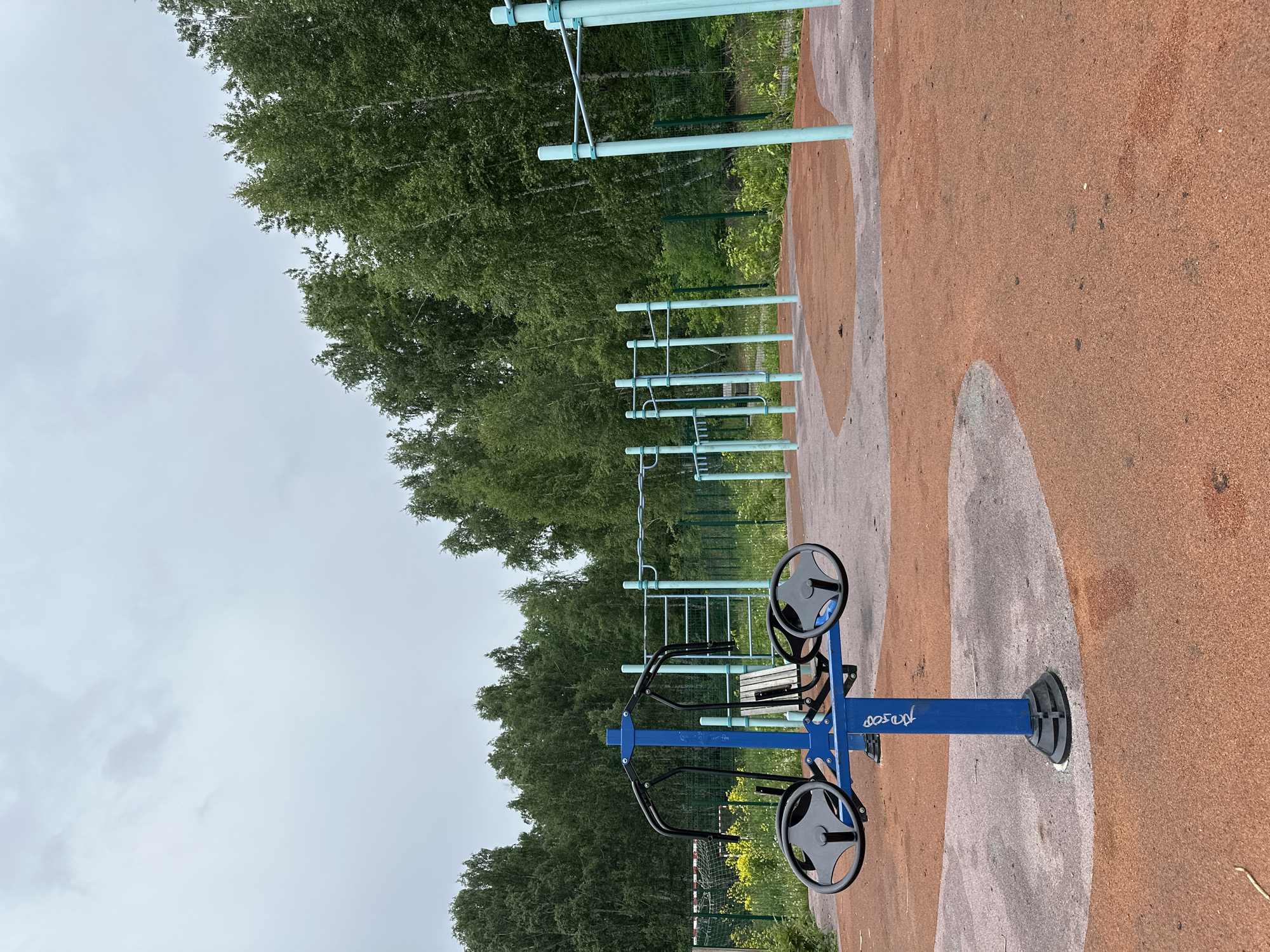The image captures an outdoor public fitness area under an overcast sky. The ground is covered with a reddish-brown rubberized safety surface, interspersed with irregular patches of greyish-brown material.
In the foreground, a prominent blue and black outdoor exercise machine is visible. It features two black, steering-wheel-like handles and two black levers designed for arm or chest workouts, possibly resembling a chest press or rowing machine, with an integrated bench. White Cyrillic text, which appears to read "ТОРОП" or similar, is visible on the side of its blue frame.
Behind this machine, a series of light blue horizontal bars of varying heights are arranged in a row, suggesting a calisthenics or obstacle course setup. A green mesh fence runs behind the exercise equipment, separating it from the natural landscape. The background is dominated by a dense expanse of lush green deciduous trees, likely indicating a park or wooded area surrounding the fitness zone. The sky above is uniformly light grey and cloudy, suggesting an overcast day. No individuals are present in the scene, giving the impression of a peaceful, functional outdoor recreational space.
