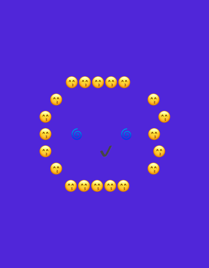 The image displays a stylized face created entirely from emojis against a plain, solid royal purple background. The overall shape of the face is an oval, formed by yellow kissing face emojis (π). There are six of these emojis arranged horizontally across the top, three vertically down each side, and six horizontally across the bottom, creating the perimeter of the face. Within this emoji outline, two blue spiral emojis (π) serve as the eyes, positioned centrally in the upper half of the face. Below the eyes, a green checkmark emoji (β) represents the mouth. The arrangement is a simple, digital graphic. There are no other subjects, activities, or discernible location cues within the image itself to suggest Dunavtsi, Bulgaria, or any specific setting or time of day. The image appears to be a playful digital illustration.