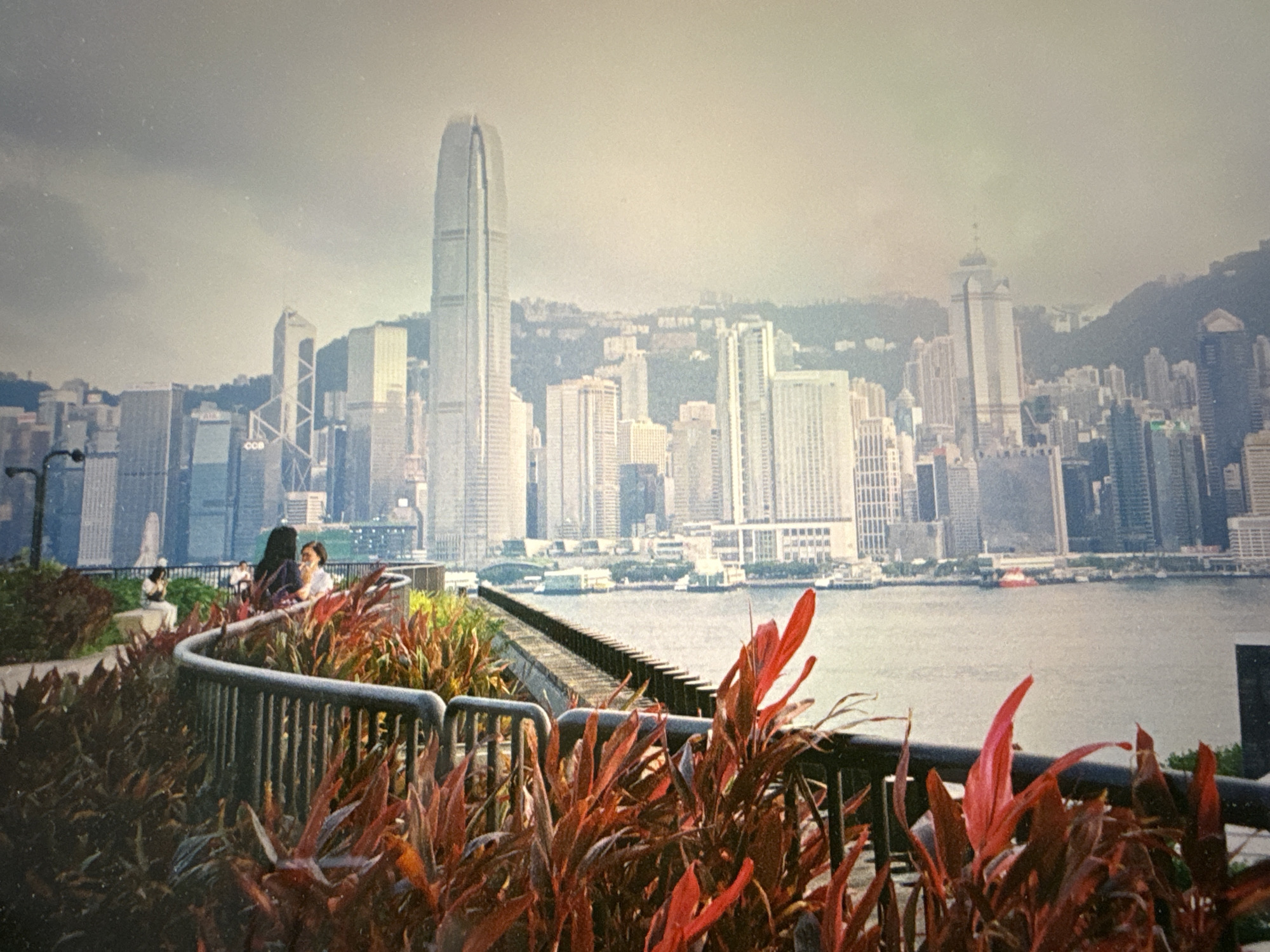 The image depicts a skyline view of a city, likely Hong Kong, based on the recognizable architecture. Foreground elements include a curved black metal railing and red/brown foliage. Two people are standing behind the railing, partially obscured by the plants. In the midground is a body of water with boats. The background features a dense cluster of skyscrapers and buildings, with a cloudy, overcast sky above. The city is situated against a backdrop of hills. There are no indications of Almaty, Kazakhstan.
