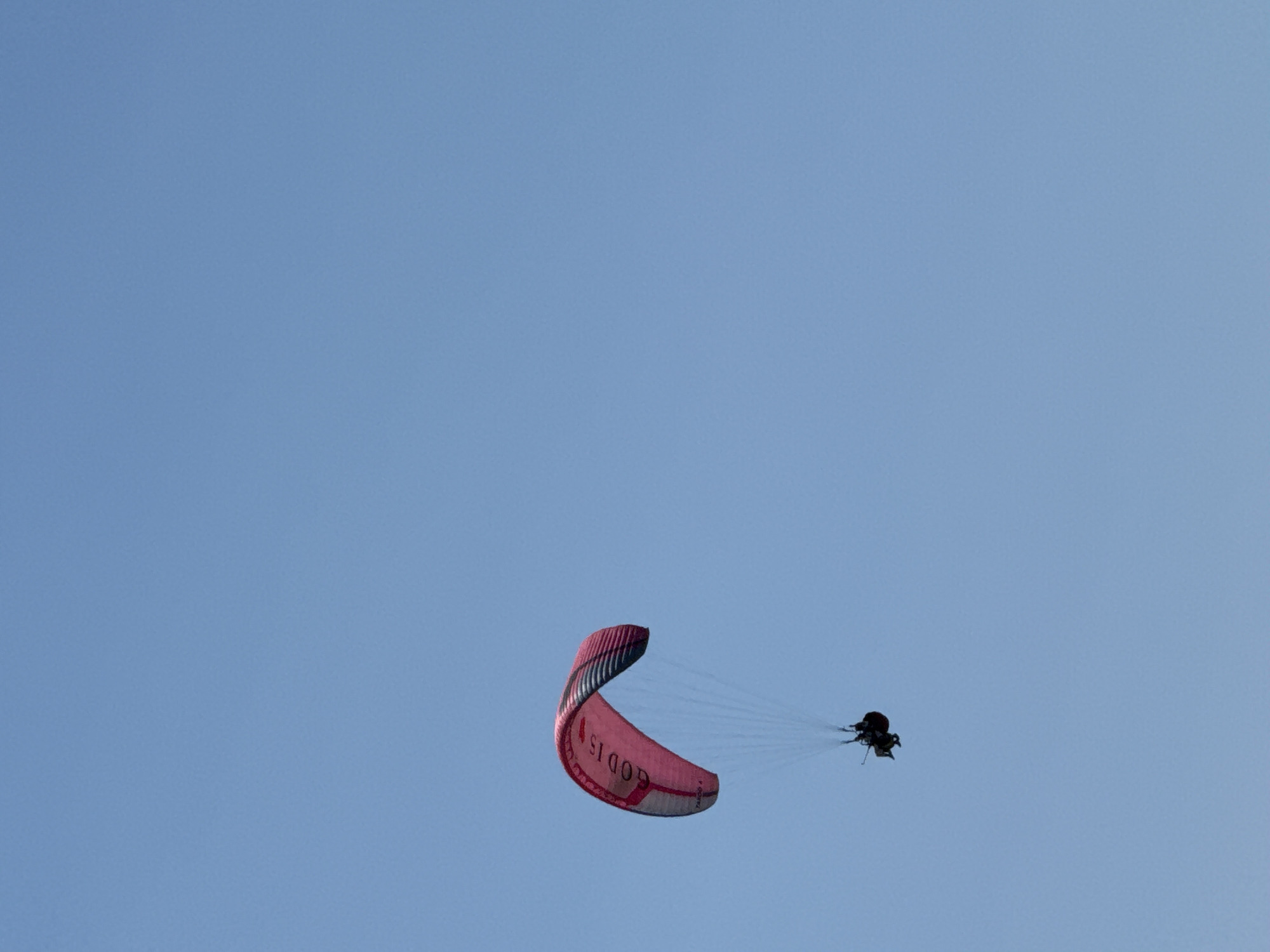 A paraglider with a pink and blue wing is soaring against a clear blue sky. The word "GOD IS" is printed in white letters on the wing, with "TANGO 4" printed below it. Two people are visible in the harness suspended below the paraglider. The image was captured on January 15, 2024, in Boreti, Montenegro.