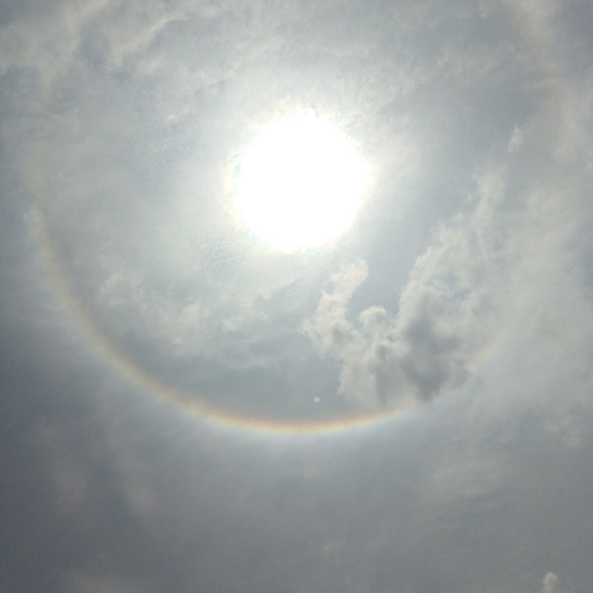The image captures a 22° halo phenomenon around the sun in a cloudy sky, likely observed in Tinaquillo, Venezuela. The sun is the brightest object, centrally located. A circular, iridescent rainbow-like ring surrounds the sun. The sky is filled with varying degrees of cloud cover, ranging from thin, diffuse clouds near the sun to denser, darker clouds in the lower half of the image.