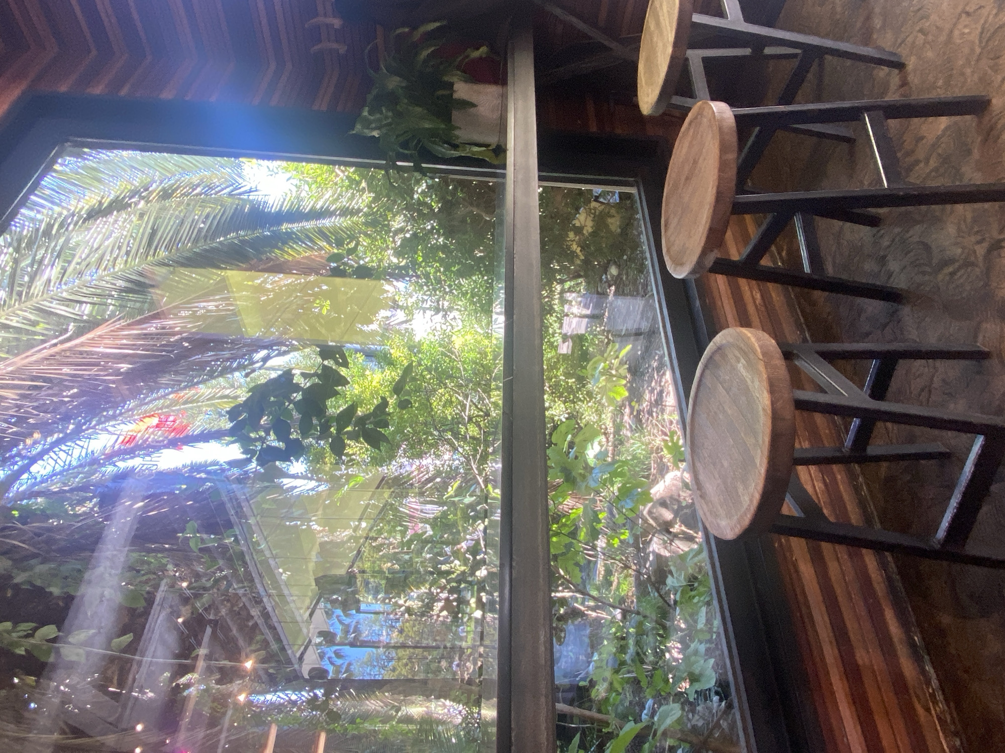 The image depicts an interior view looking through a window. Outside the window, lush vegetation is visible, including trees and plants, giving the impression of a garden or park. The light and greenery suggest it is daytime. The interior features three wooden-topped bar stools with dark metal frames, arranged in a row. The building's interior walls appear to be clad in wooden planks. A potted plant sits above the window. There's no indication of human presence or action. The image does not contain information to confirm its location in Sochi, Russia.
