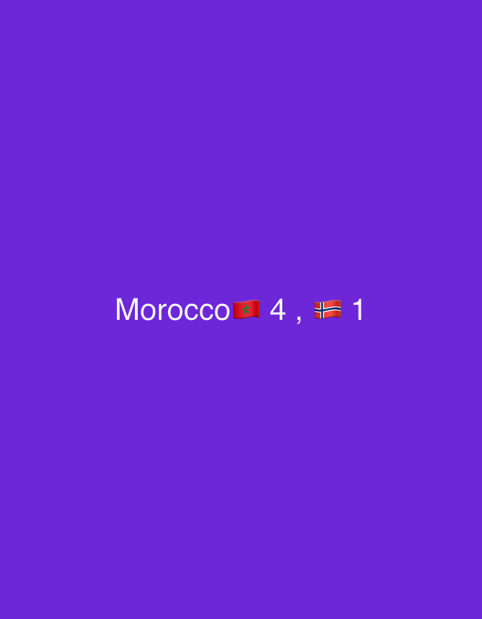 The image presents a solid, uniform purple background. Centered horizontally, white text and two flag emojis are displayed. The text reads 'Morocco,' followed by the flag of Morocco (🇲🇦), the numeral '4,' a comma, the flag of Norway (🇳🇴), and the numeral '1'. There are no visual elements within the image that depict any specific physical location, city, or environment, including Casablanca, Morocco; the background is entirely monochromatic and devoid of contextual details. No people, objects, or actions are depicted other than the text and emojis.