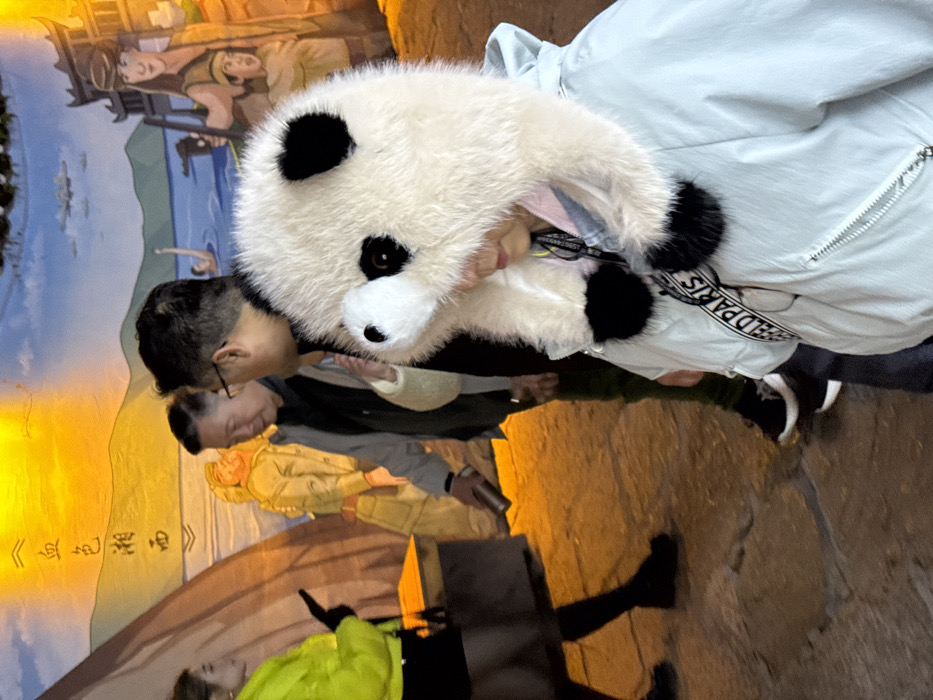 The scene depicts a public area in Furong, China, illuminated by artificial light and featuring a large mural. In the foreground, a person, likely a child or young adult, is partially visible from the chest up, wearing a fluffy white and black panda-shaped hat that covers their eyes and forehead. They are dressed in a light blue puffer jacket, and a black and white strap bearing "FELDPARIS" crosses their chest. Directly behind them, a man with dark hair and glasses is seen from a three-quarter rear view, looking towards the left. To his left, another man with short hair is walking towards the left, holding a silver cylindrical object, possibly a thermos or flashlight, in his right hand. He wears a grey jacket over a dark shirt. Further to the left, a woman with light-colored hair, wearing a bright yellow puffer jacket and black attire, is seen in profile, holding a dark rectangular object, consistent with a smartphone, in her left hand. The background is dominated by a brightly lit mural depicting a landscape with a body of water, mountains, and cartoonish human figures. The mural features Chinese characters, "《血色湘西》" (Crimson Xiangxi), prominently displayed under an orange glow. The ground is paved with dark, irregularly shaped stones.