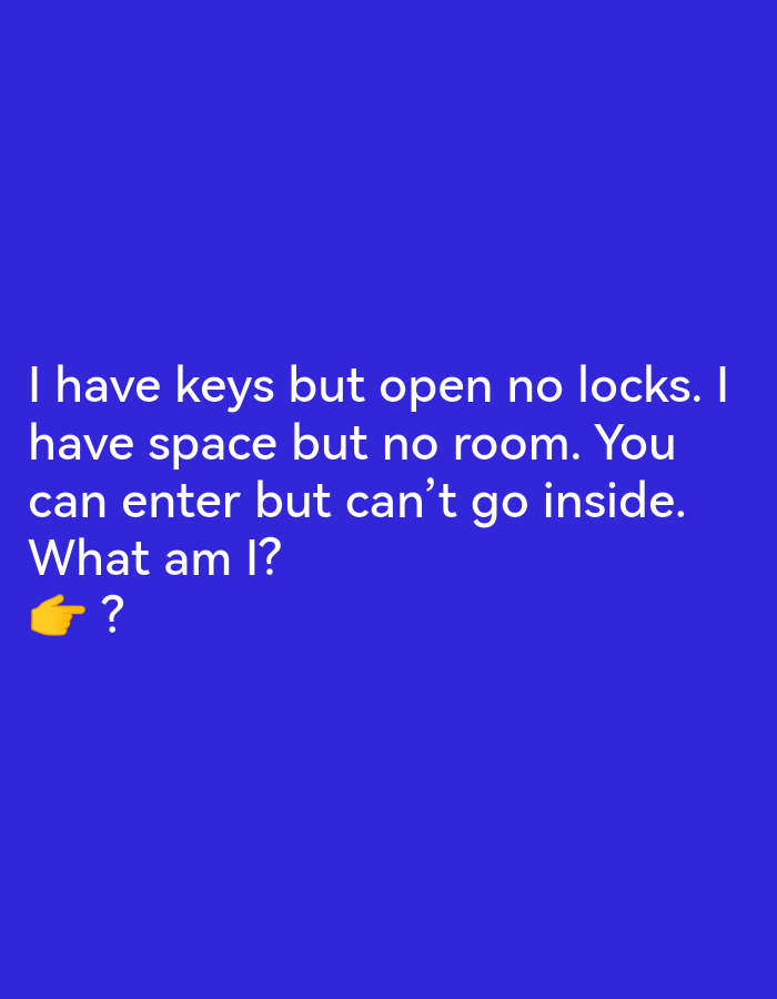 The image displays text on a blue background. The text reads: "I have keys but open no locks. I have space but no room. You can enter but can't go inside. What am I?" Below the text, there is a yellow pointing finger emoji next to a question mark. The image does not contain any information related to Ikorodu, Nigeria.
