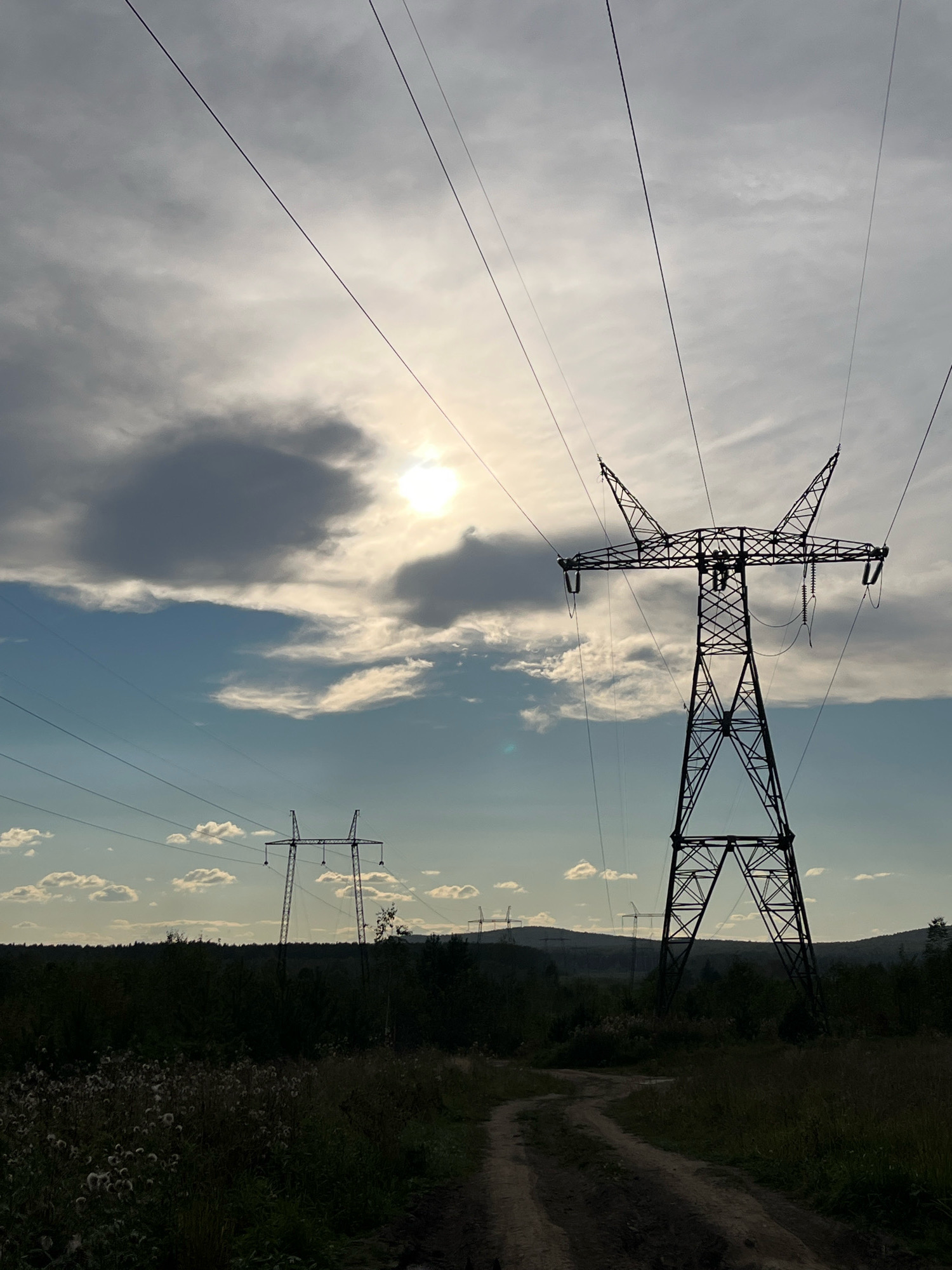 The image depicts a rural landscape with power lines and transmission towers silhouetted against a cloudy sky. In the foreground, a dirt road winds through tall grass and vegetation, with some fluffy seed heads visible. Two large transmission towers dominate the midground and foreground. The tower in the foreground is particularly prominent, with a complex lattice structure. In the distance, more transmission towers are visible, stretching across a line of hills covered in trees. The sun is partially obscured by clouds, creating a dramatic lighting effect. The overall atmosphere is one of a natural, somewhat wild environment intersected by industrial infrastructure. The location is not identifiable as Nizhny Tagil, Russia, based on the visual information provided in the image.