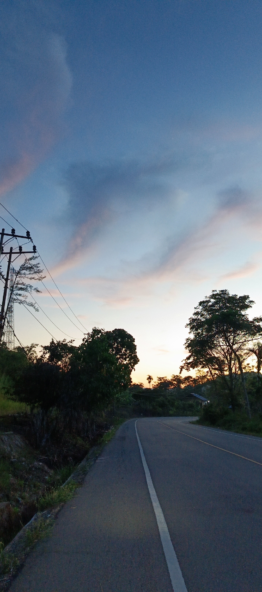 The image depicts a winding asphalt road in the city of Sukamulia, Indonesia, during twilight. The sky is a gradient of deep blue at the top, transitioning to lighter blue and hues of pink and orange near the horizon, indicating either sunrise or sunset. Wispy clouds streak across the sky. To the left of the road, there is a steep embankment with dry vegetation and some scattered rocks. A utility pole with electrical wires is prominent on the left side of the image, extending upwards into the sky. Dense foliage, including trees and bushes, lines both sides of the road. On the right side of the road, a large, mature tree with a full canopy is silhouetted against the brighter sky. In the distance, more trees and a faint structure, possibly a house, can be seen. The road itself is marked with a white center line and a yellow line on the right edge. The overall scene suggests a rural or semi-rural setting at the edge of town, with the natural landscape dominating the view.