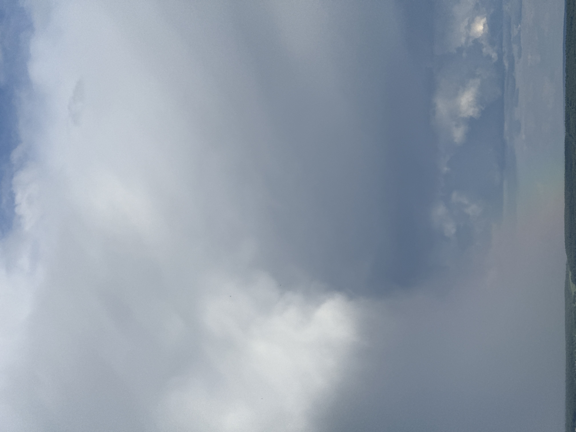 The image shows a cloudy sky. At the right edge, there's a narrow strip of green vegetation, possibly trees or grass. There is no location information, and no people, objects, actions, or interactions are observable in the image.