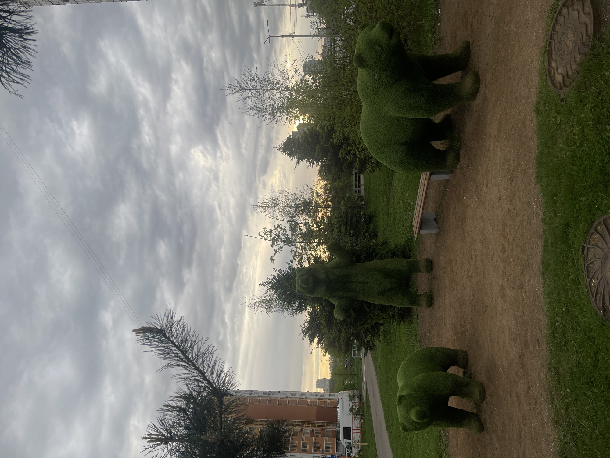 The image depicts a park in Khimki, Russia, at what appears to be dusk or dawn. The sky is overcast with striated clouds. Three topiary bears stand on a sandy pathway. A bench is visible between the bear figures. A residential building is in the background. Evergreen trees and sparse branches from deciduous trees are also in the background. Utility wires stretch across the sky. A manhole cover sits in the grass alongside the pathway.