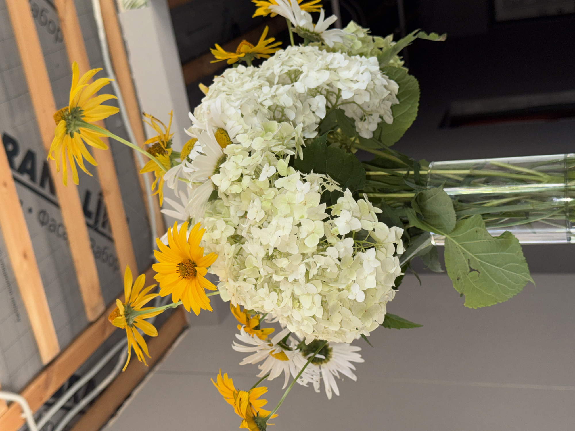 The image shows a close-up of a bouquet of flowers in a glass vase. The bouquet is composed of white hydrangeas, yellow daisies, and some other white flowers with yellow centers. Some green leaves are also visible. The flowers are arranged in a way that they appear to be cascading downwards. The vase is clear and contains water and stems.
In the background, there is a construction site, suggested by wooden beams and what appears to be building insulation material. The insulation has some text printed on it, but it is partially obscured and not entirely legible. The scene is brightly lit, suggesting daytime. The overall impression is one of a natural arrangement set against an unfinished, industrial backdrop. There are no people visible in the image. The location context is Novotitarovskaya, Russia.