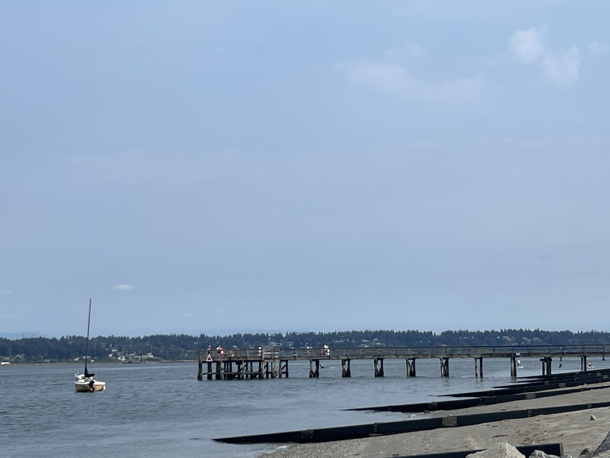 The image shows a wide shot of the coastline with a pier extending into the water. Several people are visible on the pier, some standing and some possibly fishing. A small sailboat is moored in the water to the left of the pier. In the background, a dense line of trees forms the shoreline, with a few buildings scattered amongst them, suggesting a coastal community. The sky is a clear, pale blue with a few wispy clouds. The foreground features a sandy or pebbly beach with some dark structures, possibly boat docks or breakwaters, leading into the water. The overall scene depicts a calm, leisurely day at the waterfront. While the city of Surrey, Canada, has extensive waterfront areas, this specific location cannot be definitively identified without additional contextual information.
