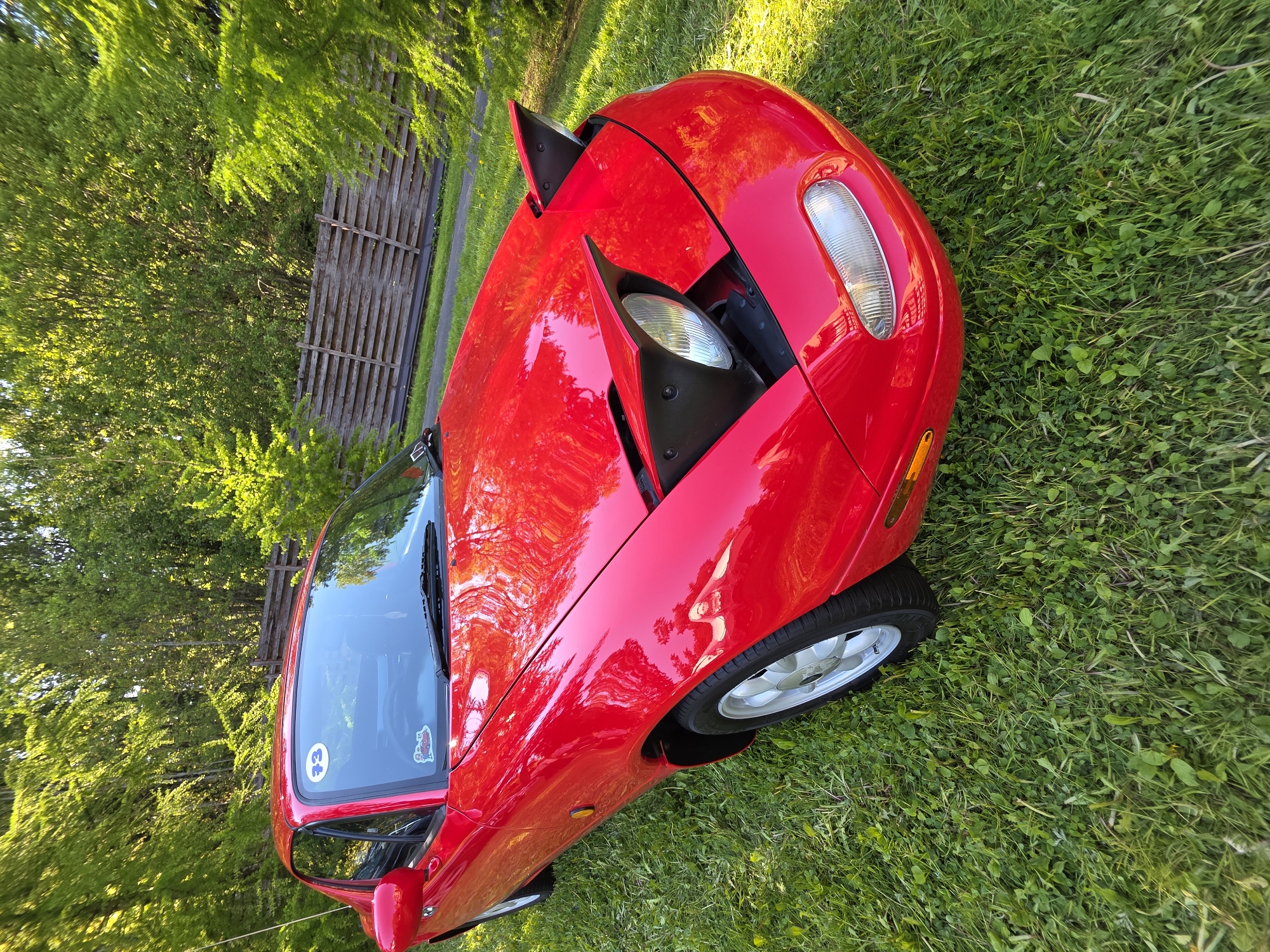 A red convertible car with its headlight covers partially raised is parked on a grassy lawn next to a wooden fence and trees. The location is possibly in or near Repino, Russia.
