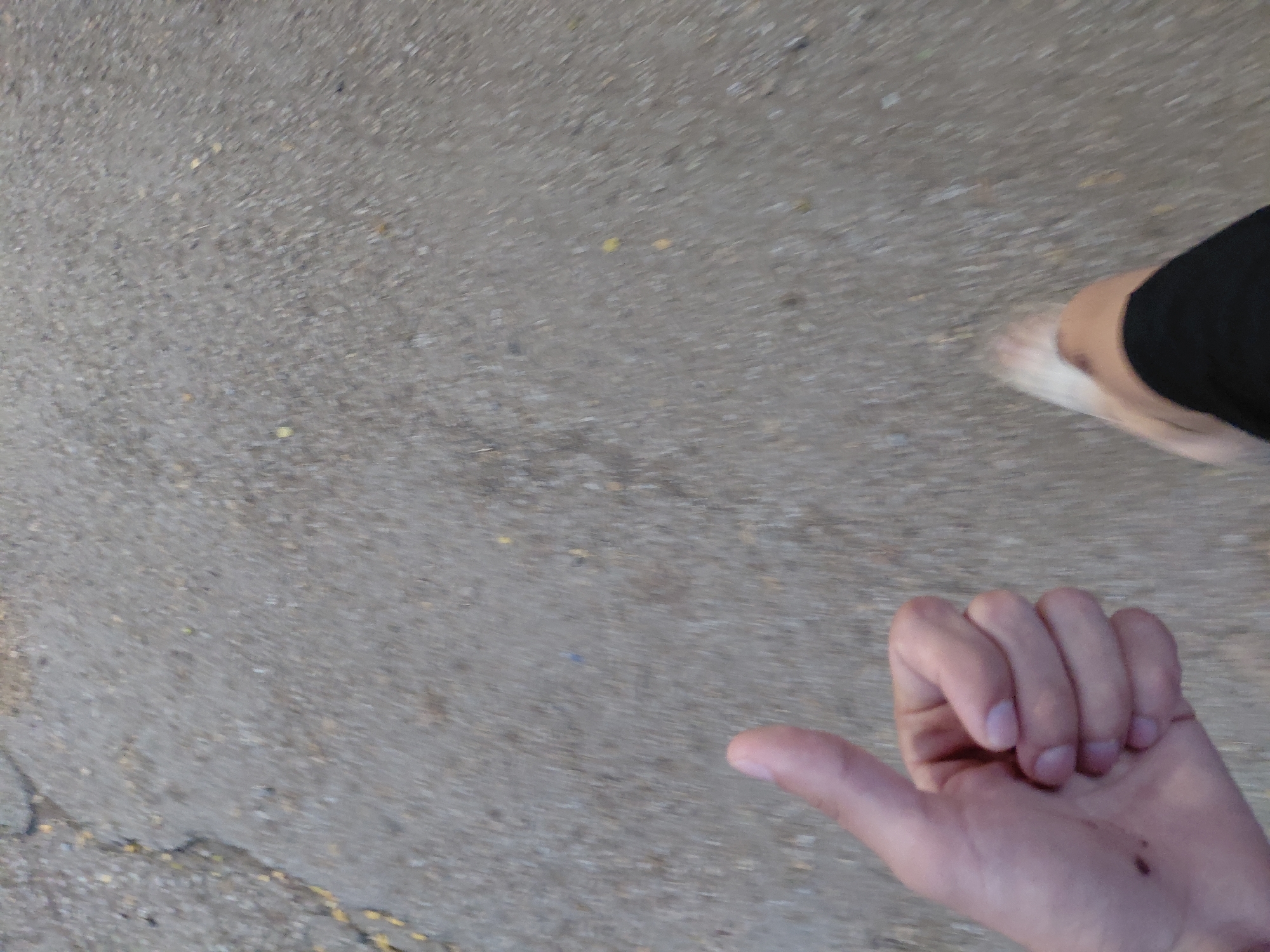 The image displays an overhead perspective of a paved ground surface in the city of Santa Ana, Venezuela. In the lower-left portion of the frame, a light-skinned human hand is visible, positioned to convey a "thumbs up" gesture, with the thumb extended and the remaining fingers curled into a fist. A small, dark mark is present on the skin below the thumb's base. In the lower-right, a light-skinned human bare foot and a segment of the lower leg are observable. The leg is partially clad in black fabric. The foot is captured in motion, consistent with a walking stride, contributing to the surrounding blur. The ground surface is grey, consistent with asphalt or concrete, exhibiting visible aggregate and a distinct crack traversing the upper-left quadrant. Sparse yellow and dark specks are scattered across the ground. The entirety of the ground surface and background exhibit pronounced motion blur, indicating active movement of the camera or subject during the capture. Illumination appears consistent with diffused outdoor ambient light.