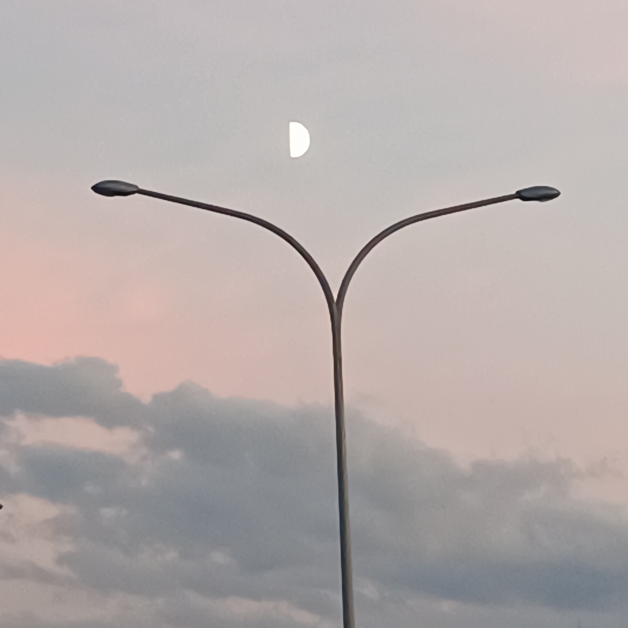 The image depicts a wide shot of a street lamp with two arms extending outwards, each ending in a light fixture. In the background, the sky displays a gradient of colors, transitioning from a pale pink near the bottom to a light gray at the top. A crescent moon is visible in the upper portion of the sky. The lower part of the image is dominated by clouds, with some appearing darker and others catching a faint pink hue from the sky. The street lamp is centrally positioned, its pole extending from the bottom of the frame upwards, where it bifurcates. There are no people or discernible actions taking place. The setting appears to be outdoors, possibly in a public area of Rüsselsheim am Main, Germany, given the presence of a street lamp and the sky conditions that suggest either dawn or dusk.