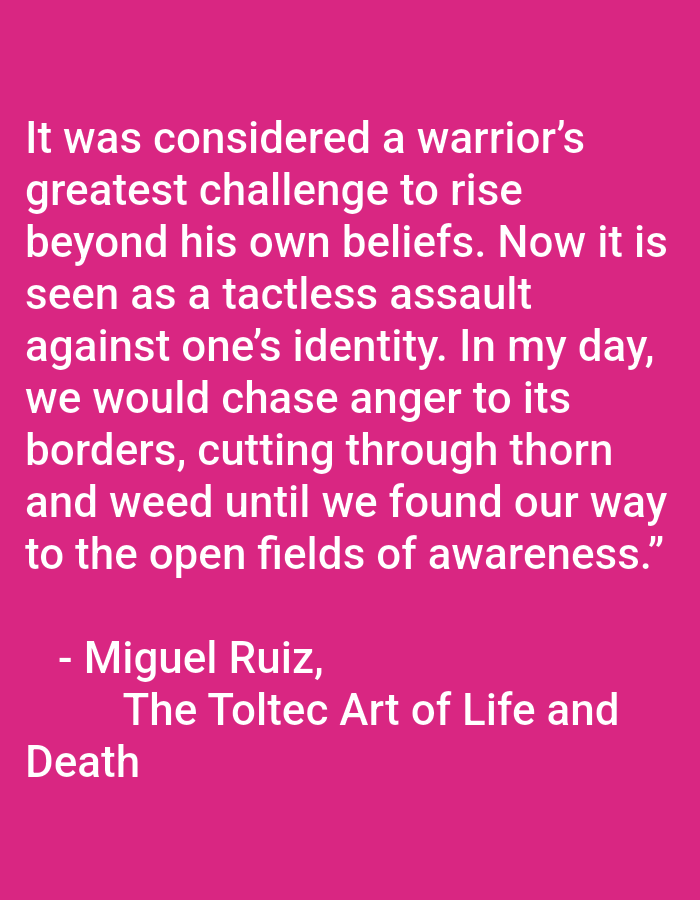 The image is a digital quote on a solid pink background. The quote, in white sans-serif font, reads: "It was considered a warrior's greatest challenge to rise beyond his own beliefs. Now it is seen as a tactless assault against one's identity. In my day, we would chase anger to its borders, cutting through thorn and weed until we found our way to the open fields of awareness." Below the quote, attributed to "- Miguel Ruiz, The Toltec Art of Life and Death", the words "Death" are on a separate line. There is no discernible location in Masaka, Nigeria, or any indication of people, actions, interactions, or environmental details within the image.