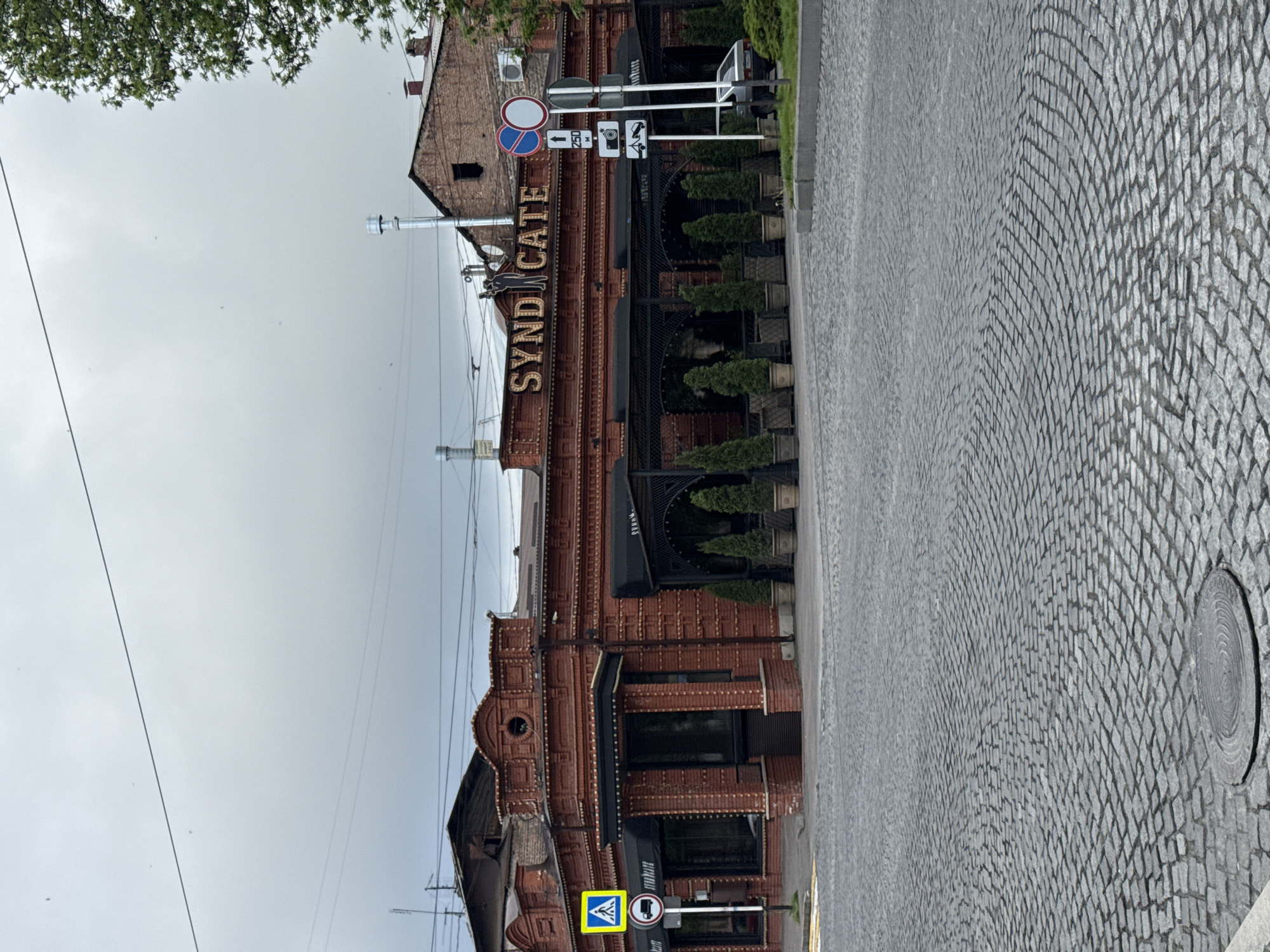 The image shows the "Syndicate Cafe" building in Akhieli, Georgia. It is a brick building with awnings over the windows and decorative plants along the front. A cobblestone street runs alongside the building. Several traffic signs are visible, including a pedestrian crossing sign and a no-trucks sign. The sky is overcast. Overhead electrical wires cross the frame. Part of a tree is visible in the top left corner.