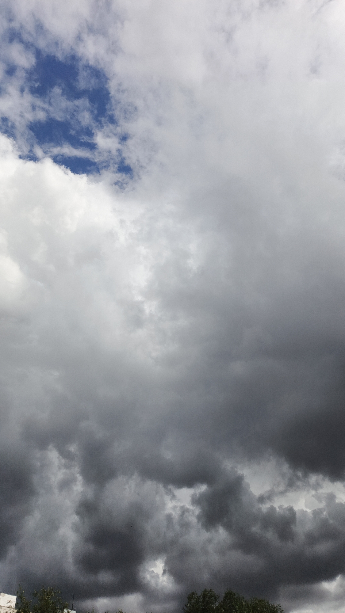 A vertical, wide shot captures a cloudy sky with a sliver of blue visible at the top left. The clouds vary in darkness, with lighter, fluffier clouds interspersed with heavier, darker ones that suggest impending rain. The lower portion of the image shows a dark line of trees and the very top of a building, indicating a ground-level perspective. The scene appears to be an outdoor view from a city, possibly Aksay, Kazakhstan, given the presence of urban elements like the building. There are no people or discernible actions in the frame, focusing solely on the atmospheric conditions and a hint of the urban landscape.