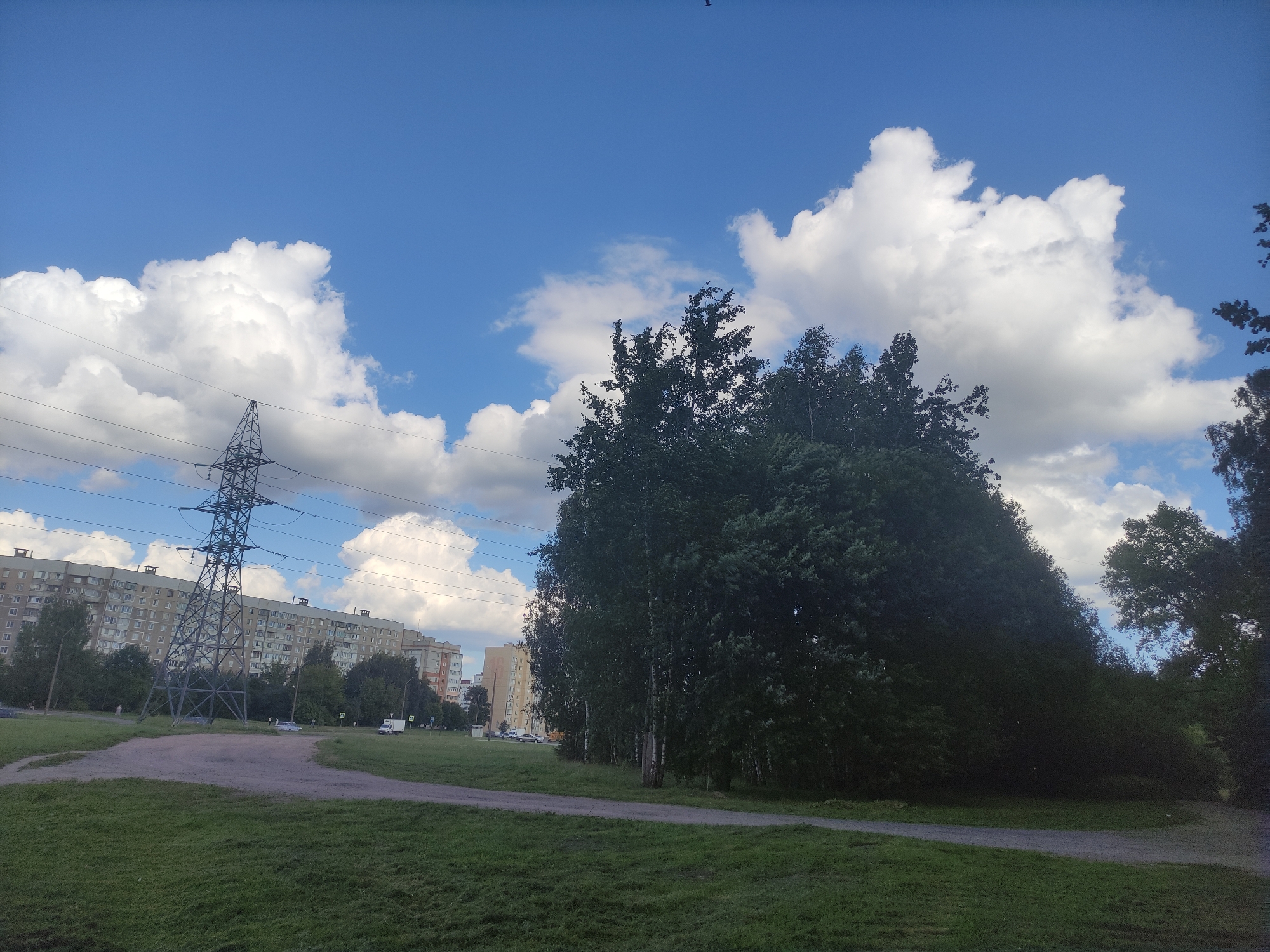 The image depicts a park-like area with a dirt path and grassy fields in the foreground. In the midground, a large, dark green tree line dominates the right side of the frame, with a metal electricity pylon situated to the left of the trees. Behind the trees and the pylon, a series of multi-story apartment buildings are visible. The sky is blue with scattered white clouds. There are a few people walking and several vehicles, including cars and a truck, present in the scene. The overall impression is an urban park setting.