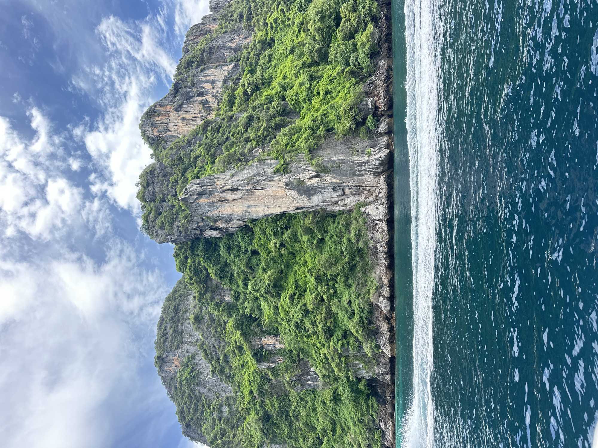 This is a landscape photograph taken from a boat on the turquoise waters of the Andaman Sea, looking towards the lush, green cliffs of the Railay peninsula in Ao Nang, Thailand. The rocky cliffs, covered in dense vegetation, rise dramatically from the sea, with sheer rock faces interspersed with patches of vibrant green foliage. The sky above is a mix of blue with scattered white clouds. In the foreground, the boat's wake creates a foamy white trail on the rippling water. The scene depicts a natural, tropical coastal environment.