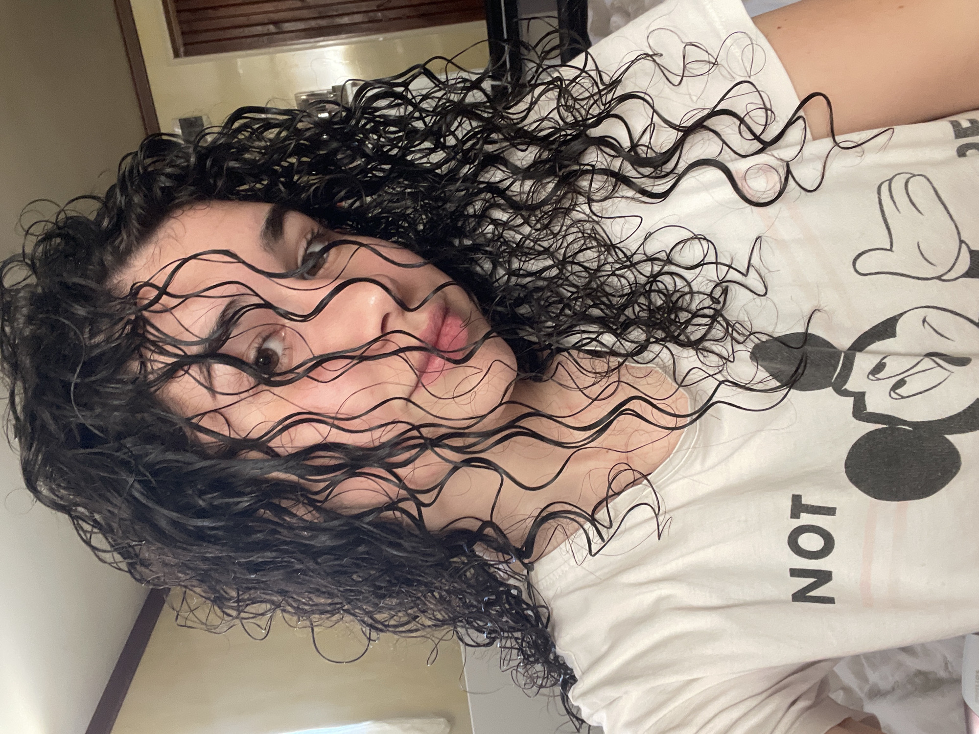 A person with dark, wet, wavy hair is wearing a white t-shirt with a Mickey Mouse design and the word "NOT" printed on it. The person is looking at the camera. The location is possibly indoors, with a glimpse of a light-colored wall and a wooden cabinet visible in the background. The scene is generally well-lit. There is no indication that the image was taken in the city of Sofia, Bulgaria.