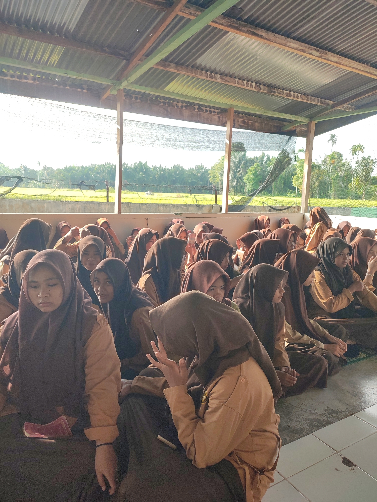 This image captures a gathering of numerous young female students, likely teenagers, seated on the floor within an open-sided, covered structure in Blangriek, Indonesia. The students are uniformly dressed in light brown or tan long-sleeved tops and dark brown skirts or trousers, paired with dark brown hijabs. They are seated cross-legged on a concrete floor, with some green matting visible under a few individuals.
The overall scene suggests an assembly, lesson, or communal event. Most students are attentive, looking forward or subtly at their neighbors. Expressions range from thoughtful and reflective to mildly engaged. In the foreground on the left, a student has a folded red item, possibly a book or wallet, on her lap. Another student in the mid-foreground has a blue bracelet on her wrist, and one is seen making a hand gesture.
The structure features a corrugated metal roof supported by wooden and green-painted metal beams. Dark mesh netting is strung along the sides, providing partial enclosure and possibly shade. Beyond this structure, the background reveals a bright, sunlit outdoor landscape. A low concrete wall and a barbed wire fence separate the gathering area from a wide, green field. Numerous trees, including distinctive palm trees, dot the distant landscape, pointing to a rural or semi-rural tropical setting. The clear, bright lighting indicates it is daytime. No discernible text is visible in the image.