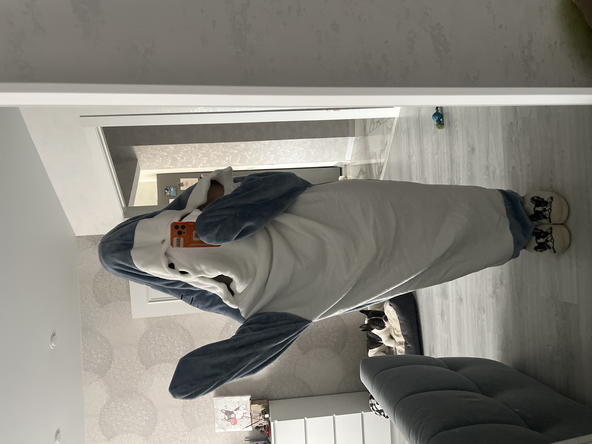 The image, provided with the context of Yoshkar-Ola, Russia, depicts a modern domestic interior featuring a person and a pet. A person, standing in the center of the frame, is wearing a full-body gray and white shark kigurumi (animal onesie), which obscures their face. They are holding an orange smartphone, displaying the text "WOWNOW" on its case. On the person's feet are black and white slippers adorned with a dog design, visually matching the French Bulldog present in the scene.
To the right of the person, a black and white French Bulldog is seen resting peacefully in a dark gray dog bed, which sits on the light gray wood laminate floor. The walls of the room are covered in a light gray textured wallpaper featuring subtle circular patterns. A white ceiling with visible light fixtures is overhead. In the background, a doorway leads to another room with darker walls. A gray sofa or ottoman is partially visible in the foreground, and on the left, a white shelf holds a picture frame with a deer illustration. The room is brightly lit, indicating it is daytime. The overall atmosphere is relaxed and domestic. The original image is rotated 90 degrees clockwise.