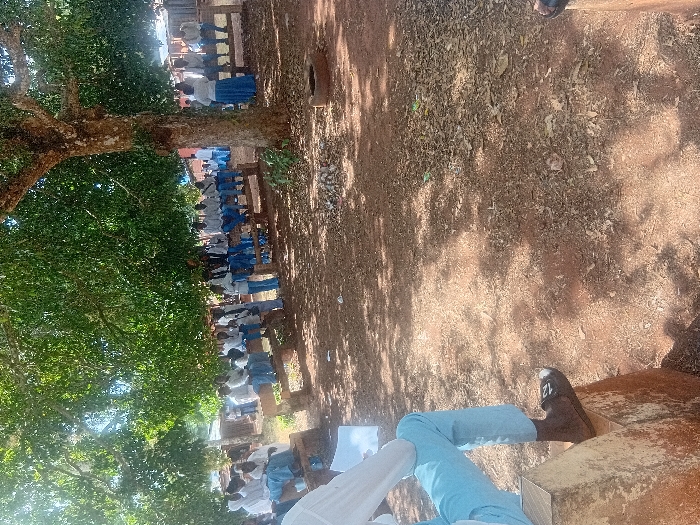 The image depicts an outdoor scene, likely a school or educational setting, under the shade of a large, mature tree. The ground is composed of reddish-brown earth, uneven and scattered with dry leaves and small debris. Sunlight filters through the tree's canopy, creating a pattern of light and shadow on the ground.
A group of individuals, predominantly young people or students, are seated in multiple rows on simple wooden benches. Most of them are dressed in what appears to be a school uniform: white tops and light blue bottoms, which could be trousers or skirts. They are arranged in an orderly fashion, facing towards the right side of the frame (if the image were correctly oriented), suggesting they are attending a lesson, an assembly, or a similar organized event.
In the immediate foreground, partially visible on the bottom right, are the legs and lower torso of a person. This individual is wearing light blue trousers and dark shoes. A white marking, possibly "ZL" or "12", is visible on the side of one shoe. They are holding a white sheet of paper or an open book in their hands, indicating they might be studying, reading, or taking notes.
The prominent feature on the left side of the frame is the large tree, characterized by its thick, textured trunk and abundant, lush green foliage, which provides ample shade over the gathering. The bright lighting and distinct shadows suggest it is daytime, likely a sunny morning or afternoon. The overall impression is one of an educational or community activity taking place outdoors in a warm climate. No other specific text is clearly visible in the image.