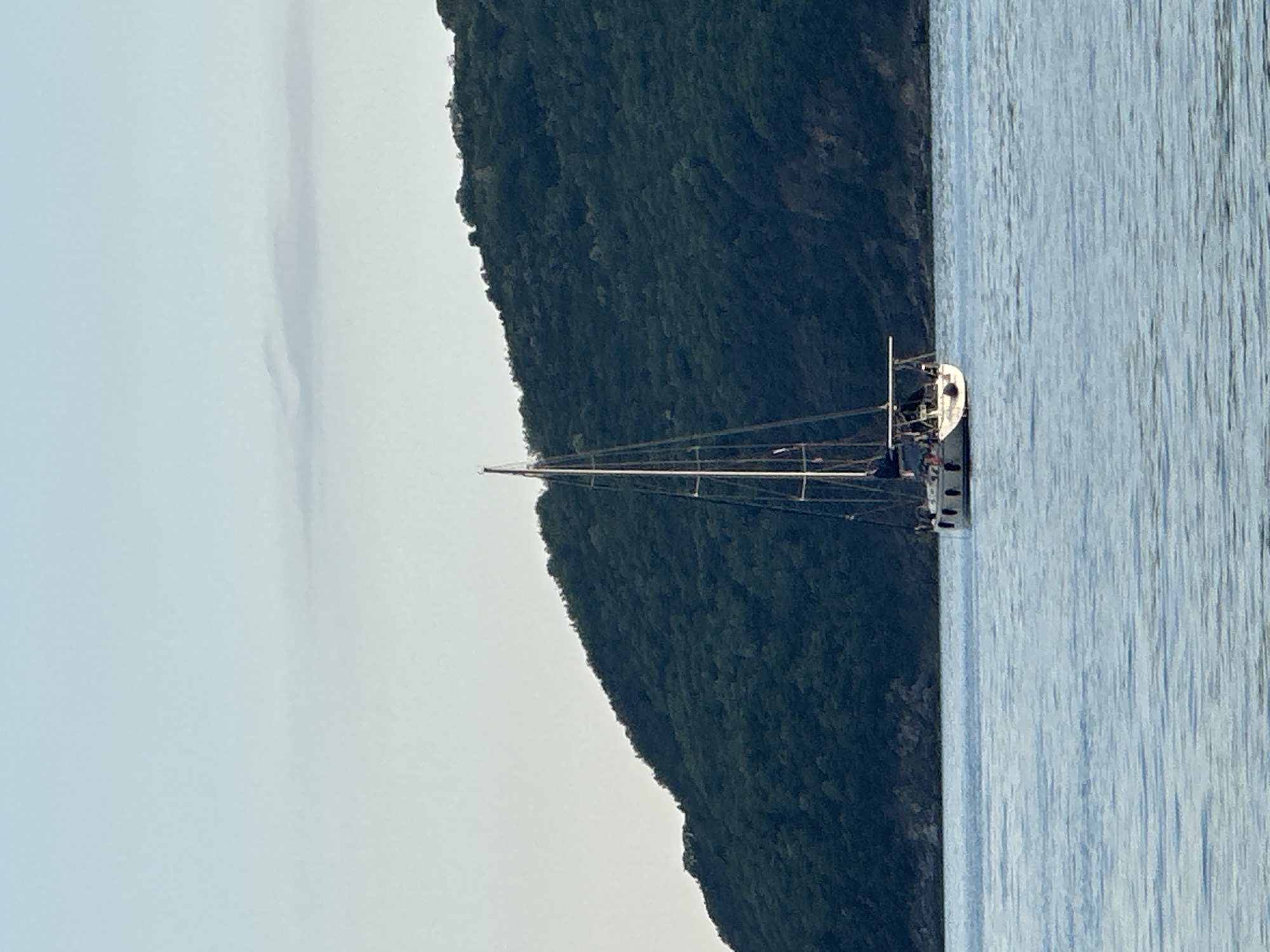The image, when viewed in its correct orientation, captures a serene coastal scene featuring a sailboat on calm waters. A white sailboat, equipped with a tall mast and intricate rigging, is positioned prominently in the mid-ground. Several small, indistinct figures can be seen on the boat's deck, particularly near the stern, suggesting people are on board, possibly relaxing or engaged in leisure activities.
The body of water, likely the sea, appears a gentle light blue with subtle ripples on its surface, indicating calm conditions. To the left of the sailboat, a densely forested mountain or large hill forms the coastline, its slopes covered in dark green foliage stretching down to meet the water. The irregular, natural outline of the treeline is visible against the sky.
The sky above is a soft, hazy light grey-blue, implying either an overcast day or diffused light during late morning or afternoon. A faint, lighter streak or cloud formation is discernible in the upper left portion of the sky. The lighting is soft and even, without harsh shadows, contributing to the tranquil atmosphere of the scene. The overall setting, with its calm waters, forested coastline, and leisure boat, aligns with typical coastal cruising experiences, fitting the location context of Budva, Montenegro. No visible text is present in the media file.