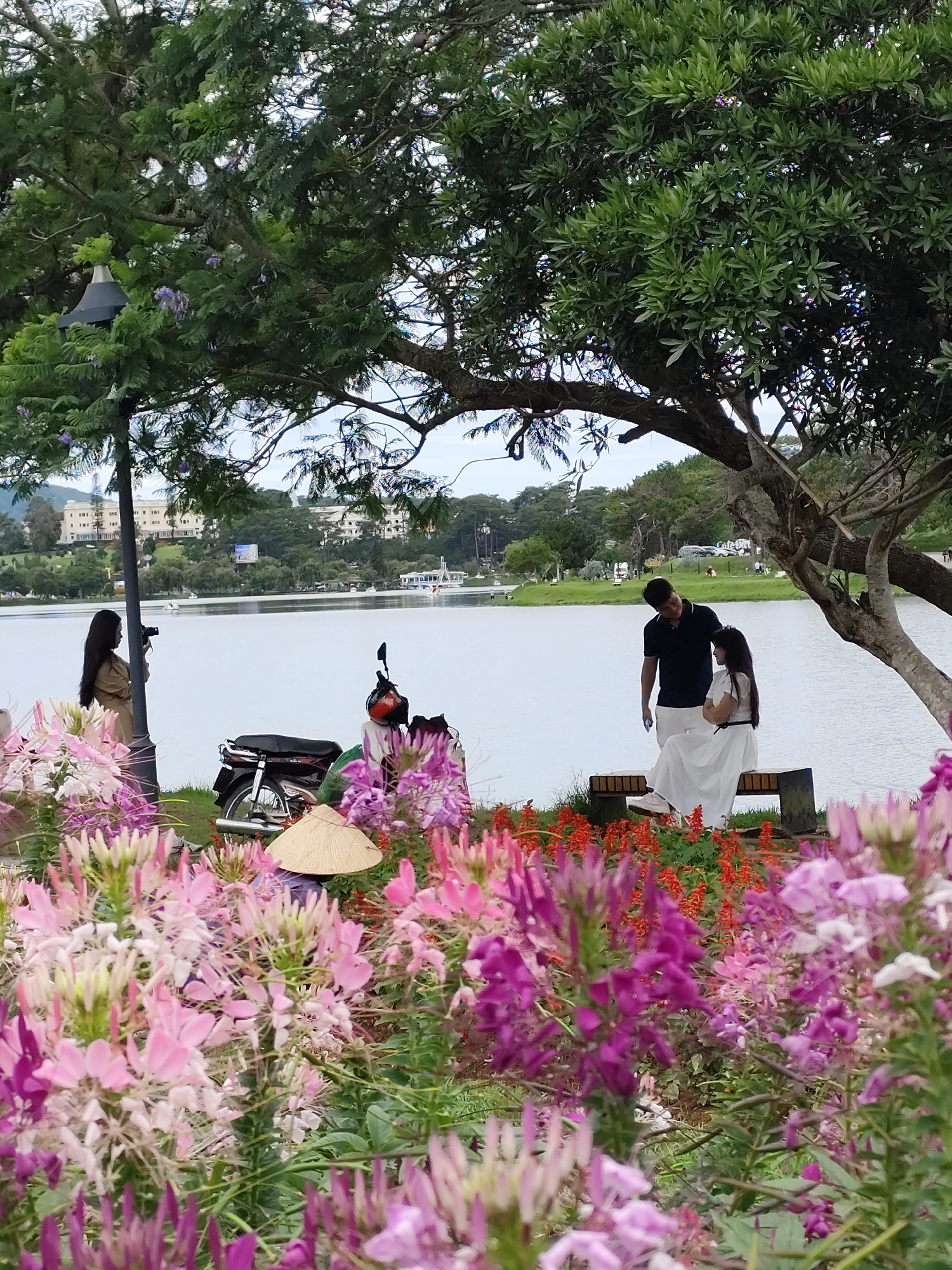 The image depicts a scene at Ho Xuan Huong Lake in Da Lat, Vietnam. In the foreground are vibrant flowerbeds with pink, purple, and red flowers in bloom. A person wearing a traditional conical hat is partially obscured among the flowers.
To the left of the frame stands a woman in a tan dress holding a camera, likely taking pictures of the lake and surroundings. A motorcycle is parked nearby.
In the background, a couple is sitting on a bench near the lake. The man is wearing a navy blue polo shirt and white pants, while the woman is wearing a white dress. They appear to be interacting with each other.
Across the lake, buildings and trees are visible on the opposite shore. The sky is overcast, suggesting a cloudy day. The water in the lake is calm and reflects the surrounding scenery. A light post with a lantern-style fixture is visible among the foliage on the left side of the image. A tree partially covers the top right of the frame.