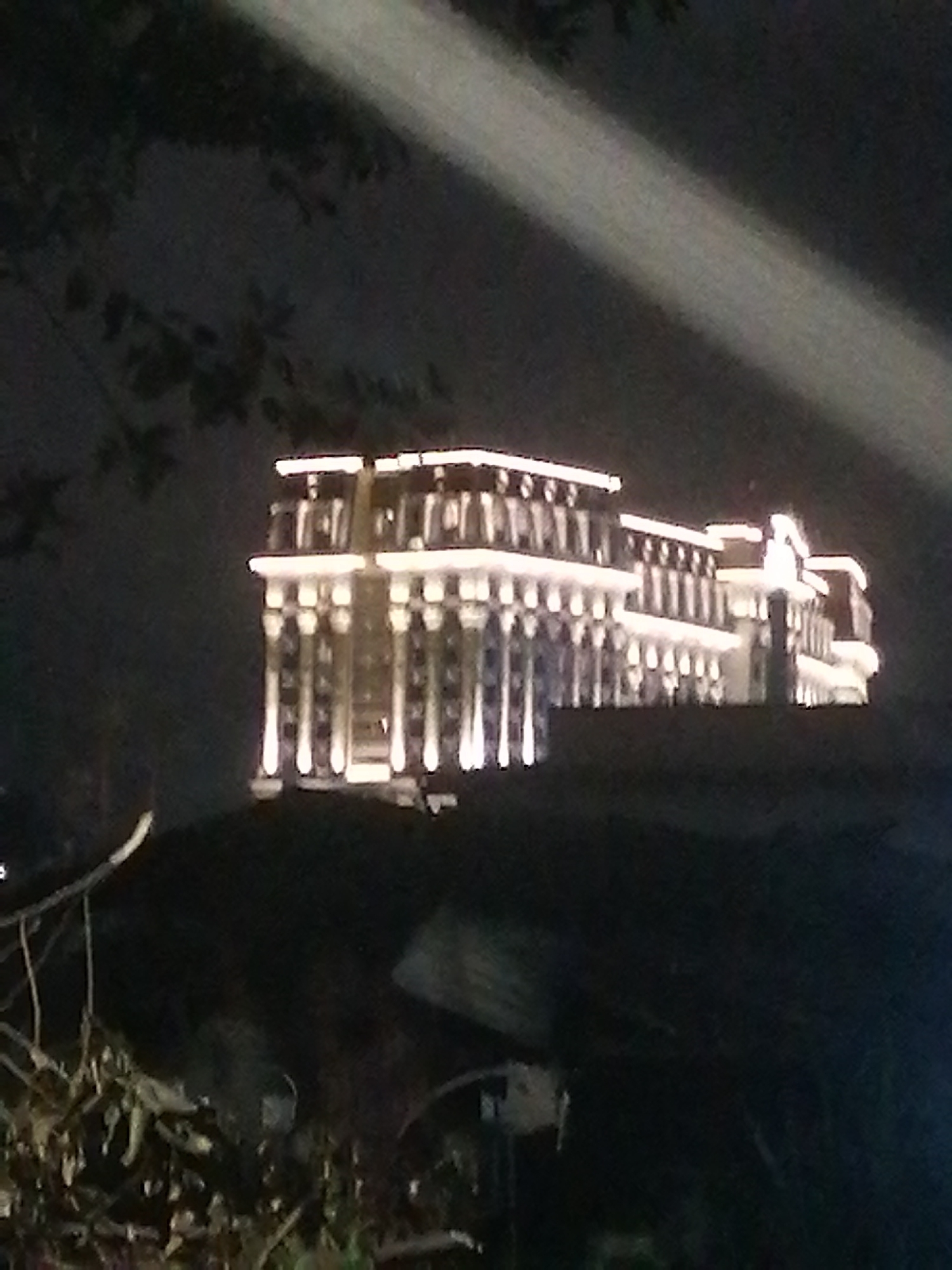 The image shows a building with classical architectural elements, illuminated by white lights at night. The building has a multi-story facade with prominent columns supporting upper levels. The lighting creates a bright, contrasting effect against the dark night sky. In the foreground, out-of-focus foliage and branches are visible, suggesting the image was taken from a distance or through trees. A beam of light, possibly from a spotlight or projector, cuts diagonally across the upper portion of the image. The overall scene suggests an exterior view of a grand structure in a dimly lit environment. The building is identified as the Dinh 2 (Bao Dai Summer Palace) in Da Lat, Vietnam.
