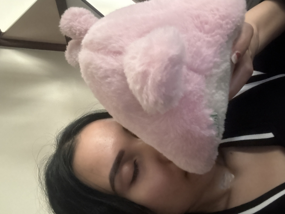 An individual with dark hair and closed eyes is depicted in an indoor setting in Howrah, India. The person is holding a pink, fluffy plush toy against their face, specifically near the nose and cheek area. The plush toy features a rounded body, a fin-like protrusion on its back, and two small, spherical elements on its top. Its underside is light-colored. The individual's right hand, with manicured nails, is visible supporting the toy from below. They are wearing a dark garment with a white stripe and a light-colored necklace. The background consists of a plain, light-colored wall, with a dark brown angular structure partially visible in the upper right corner.