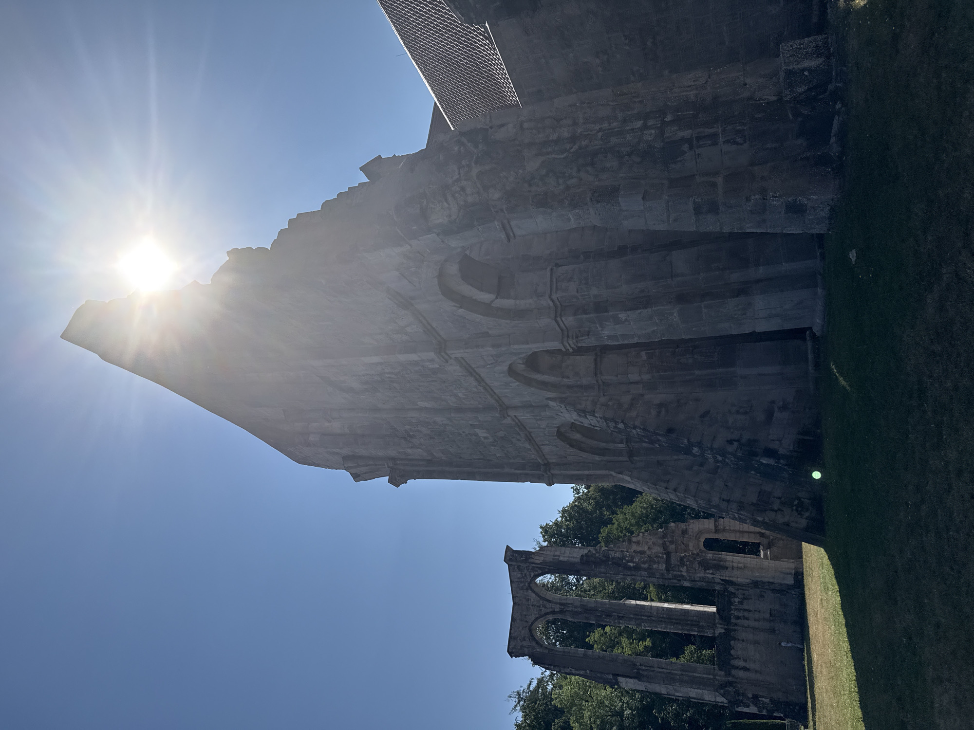 This image shows a low-angle, wide shot of the ruins of the Walkenried Abbey in Walkenried, Germany, on a bright, sunny day. The sky is a clear, vibrant blue. The sun is positioned in the upper right quadrant of the frame, shining intensely and creating a strong lens flare that extends across the top half of the image. The ruins are constructed of large, weathered stone blocks.
In the foreground and mid-ground, the dominant feature is a large, dilapidated stone structure with visible arches. The structure is partially intact, with jagged edges and missing sections, indicating its age and ruinous state. To the left of the main structure, another section of ruins is visible, featuring a tall, arched opening against a backdrop of lush green trees. The ground in front of the ruins is covered in well-maintained, green grass. In the far left of the image, a few tall trees are visible, forming a dense green line. The right side of the image shows a portion of a more intact building with a tiled roof, contrasting with the surrounding ruins. There are no people clearly visible in the frame, though a small, faint greenish orb is present on the grass in the lower right quadrant of the image, possibly a reflection or lens artifact.