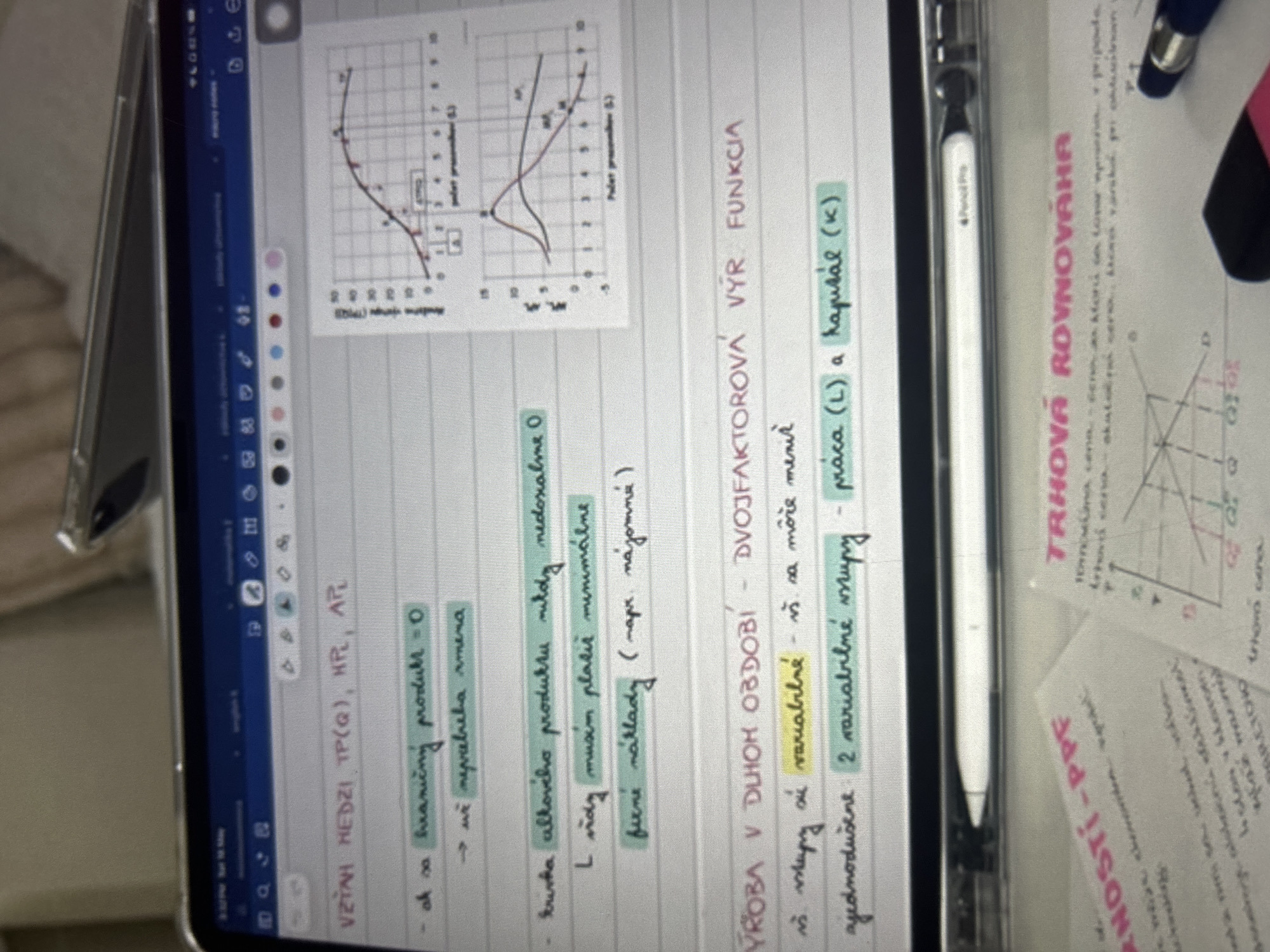 This media file is a close-up, rotated shot of a tablet displaying handwritten notes and diagrams. The primary subject is the tablet screen, which shows a combination of text and graphs related to economics. The notes are in Slovak, with phrases like "VZŤAH HEDZI TP(Q), HPL, APR" and "TRHOVÁ ROVNOVÁHA" visible. There are also graphs illustrating economic concepts.
The tablet is being held in a vertical orientation, and the lighting suggests it might be indoors, possibly during the daytime given the clarity of the screen. A stylus, identified by the "Apple Pencil" marking, rests on the screen's edge. To the left of the tablet, a portion of a smartphone or similar device is visible, suggesting a multi-device setup.
In the background, more papers with handwritten text are present, some of which appear to be economics-related as well, with the text "TRHOVÁ ROVNOVÁHA" being prominent. The overall scene depicts a study session or a work-related activity involving note-taking and referencing visual aids on a digital device. There are no people clearly visible in the frame. The location context provided is Knezha, Bulgaria, but this is not visually inferable from the image itself.