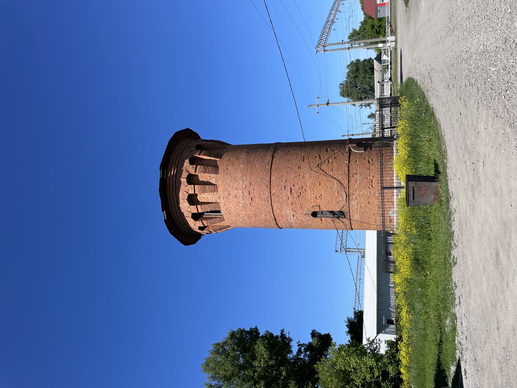 A brick water tower stands tall against a clear blue sky. The tower is cylindrical with a conical roof and decorative brickwork around its upper section. It has a small arched window near its base and several openings near the top. A black metal fence surrounds the tower, and in front of it is a patch of vibrant yellow wildflowers. To the left of the tower, a large green tree partially obscures a long, white industrial building. Power lines and railway tracks are visible in the background, suggesting a location near a train station. The ground in the foreground is a gravel path. The scene is bathed in bright sunlight, indicating daytime. There are no people visible in the image. The water tower is a prominent historical structure located in the city of Artyshta, Russia.
