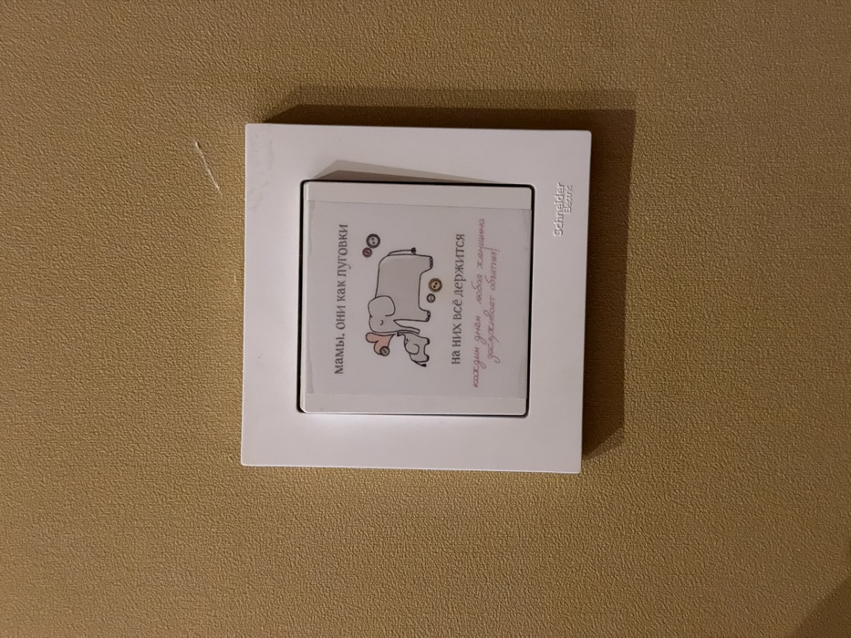 An electrical light switch is centrally affixed to a textured, light brown wallpapered wall in Rzhavki 2, Russia. The switch is white, with a rectangular frame housing a single white switch button. A translucent sticker or laminated paper insert is placed over the face of the switch button. This insert displays a cartoon drawing featuring two grey elephants: a larger adult elephant with a red heart on its ear, and a smaller baby elephant positioned near its legs. Three multi-colored buttons (red, orange, brown) are depicted floating above the larger elephant. Above the elephants, the text "мамы, они как луговки" (moms, they are like onions) is printed. Below the elephants, "на них всё держится" (everything rests on them) is printed, followed by "каждыи день любая женщина заслуживает объятия!" (every day every woman deserves a hug!) handwritten in pink script. The manufacturer's name, "Schneider Electric," is printed in small black text on the lower part of the switch's white frame. The wallpaper exhibits a fine, granular texture, with a thin, diagonal white scratch visible above and to the right of the switch.