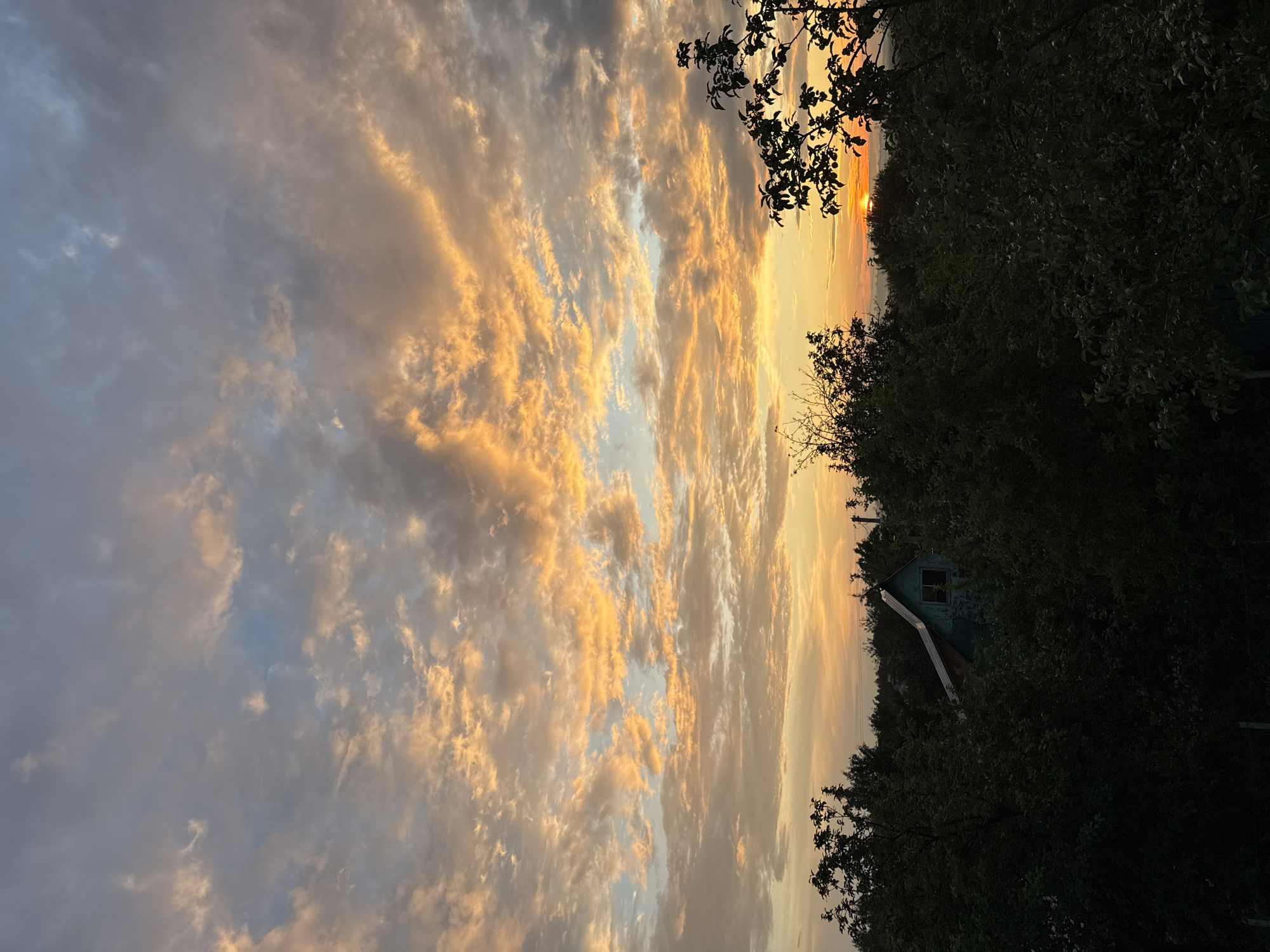 The image depicts a sunset scene over a rural landscape. The sky is filled with dramatic clouds, illuminated by the setting sun with hues of orange and gold. In the middle ground, partially obscured by dark foliage, a small, teal-colored house with a visible window stands. Silhouetted trees and branches frame the scene, with hints of other greenery and distant structures visible on the horizon. The overall impression is one of a tranquil, natural setting at dusk.