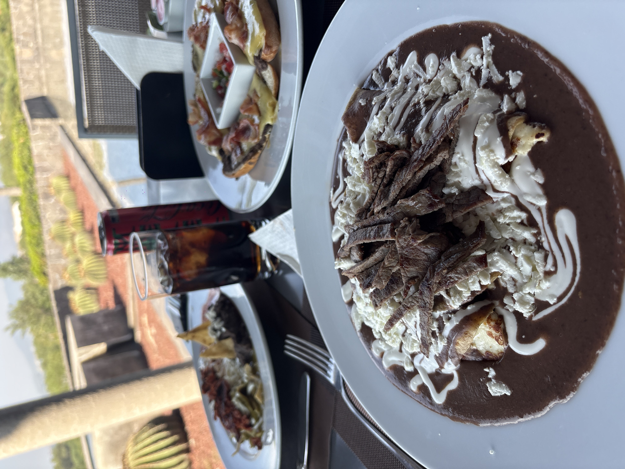 The image depicts a restaurant setting, with a focus on food and beverages. In the foreground, a white plate holds what appears to be enchiladas covered in a brown sauce, topped with crumbled white cheese, shredded meat, and a swirl of white cream or sauce. A fork is visible near the plate. Behind it, a bottle and glass filled with a dark beverage sit on the table. Further away, another plate contains what looks like open-faced sandwiches with various toppings, including a small white dish holding a salsa or relish. The backdrop includes a view through a window, featuring vegetation and structures that suggest an outdoor setting. The location is Pueblo Nuevo de Jasso, Mexico.