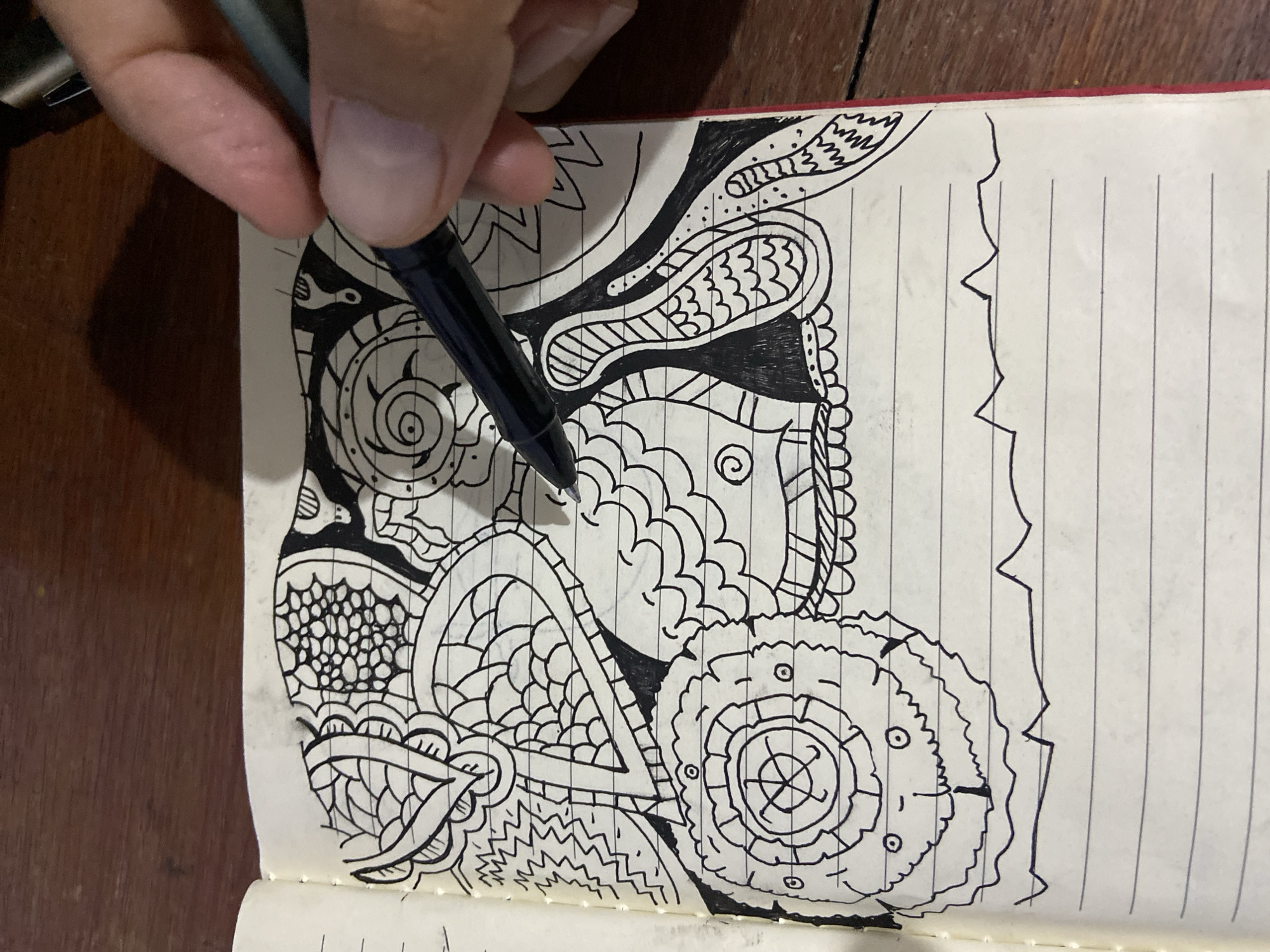 A close-up, overhead shot shows a hand holding a black pen, drawing on a lined notebook. The drawing is an abstract, doodle-like design filled with intricate patterns, swirls, and organic shapes in black ink. The notebook is open, revealing the ruled paper, and rests on a wooden surface. The pen is positioned over the drawing, as if in the process of adding more details. The image is sharp and well-lit, with the focus on the drawing and the hand. There are no discernible landmarks or features that would indicate a specific location in Los Velásquez, Venezuela.
