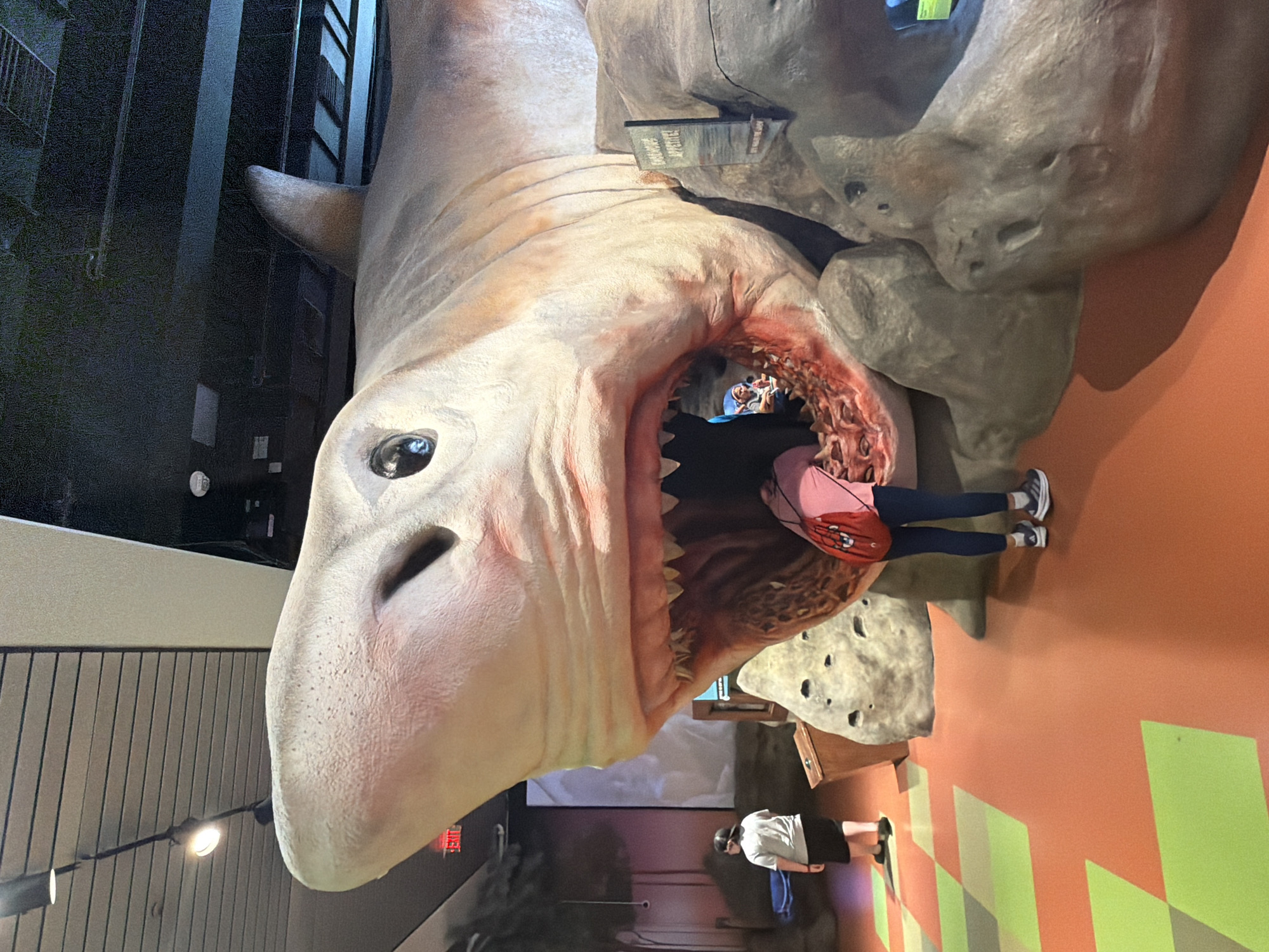 A large, artificial shark sculpture with its mouth open is displayed in an indoor environment. A person wearing a pink backpack and dark leggings is standing inside the shark's mouth, looking at something within. Another person, wearing a gray t-shirt and black shorts, is standing to the left of the shark. The floor has a geometric pattern of orange and green diamond shapes. The background appears to be a display or exhibit area with some dimmer lighting and rocky textures. A sign on the right side of the shark sculpture reads "Endless Appetite!". The overall scene suggests a museum or aquarium exhibit.