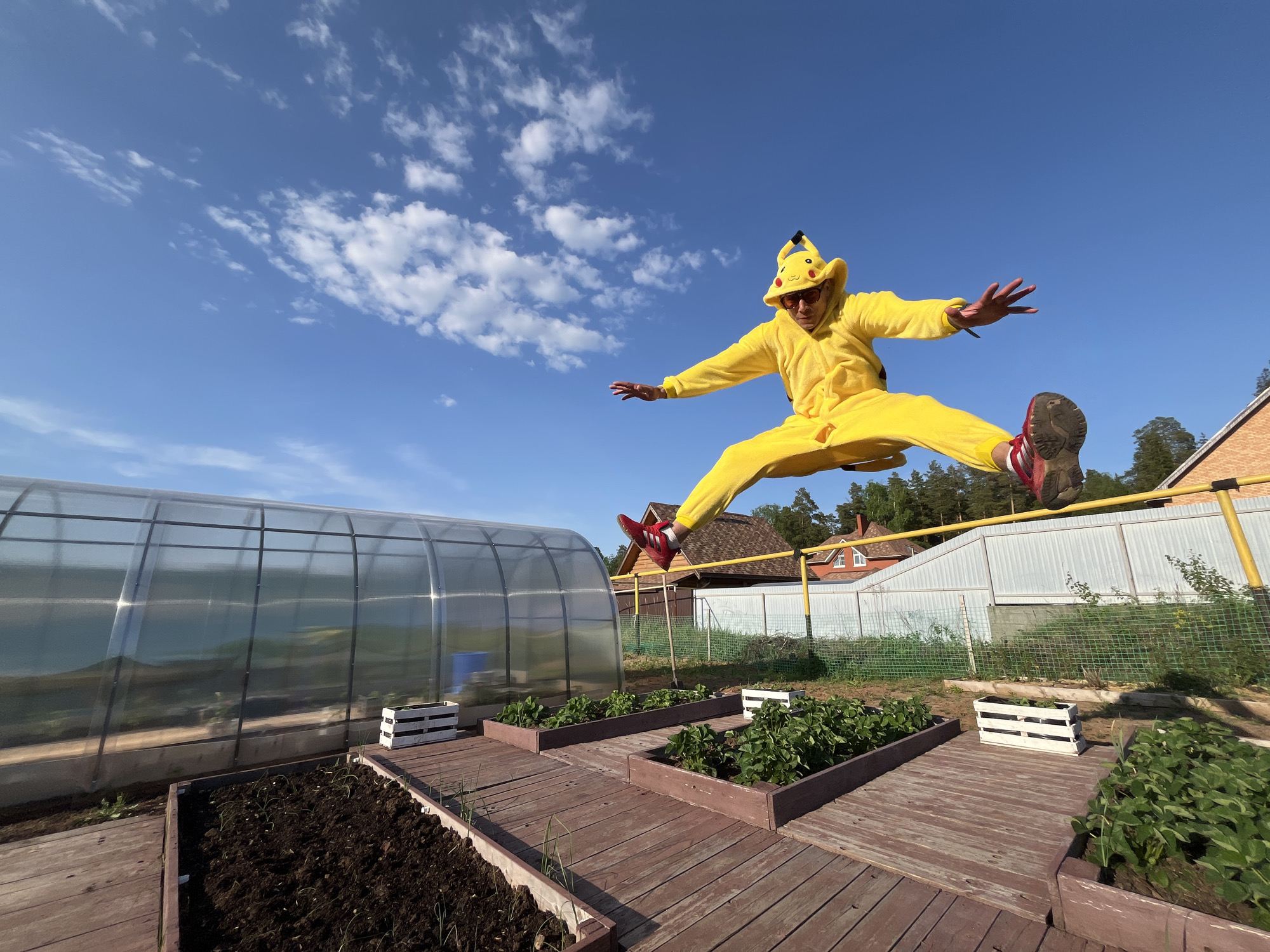 A person in a Pikachu costume is jumping in mid-air above a garden. The garden includes raised beds with plants and a greenhouse. Behind the garden is a fence, trees, and houses. The sky is blue with scattered white clouds. The image was taken in the city of Chaikovsky, Russia.