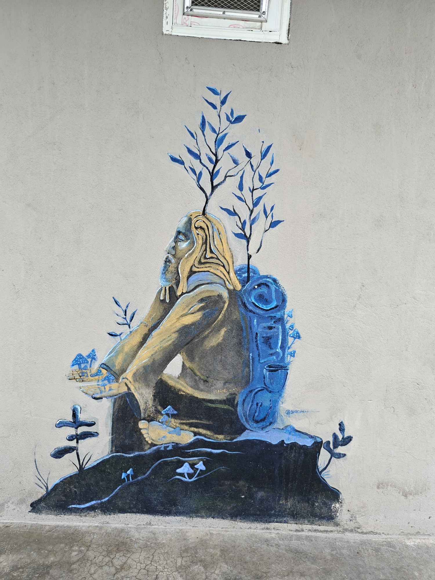 A mural depicts a seated figure with a beard and long, flowing hair, wearing a yellow robe and carrying a large blue backpack. The figure holds out its hands, which are filled with small blue mushrooms. Blue branches with leaves sprout from the top of the figure's head and from the backpack. The figure sits on a dark, rocky surface with more blue mushrooms scattered around. The mural is painted on a light gray, textured wall. A small window with a metal grate is visible at the top of the wall. The bottom of the image shows a concrete surface with cracks. The mural is located in Pokhara, Nepal, specifically on a wall along a street.